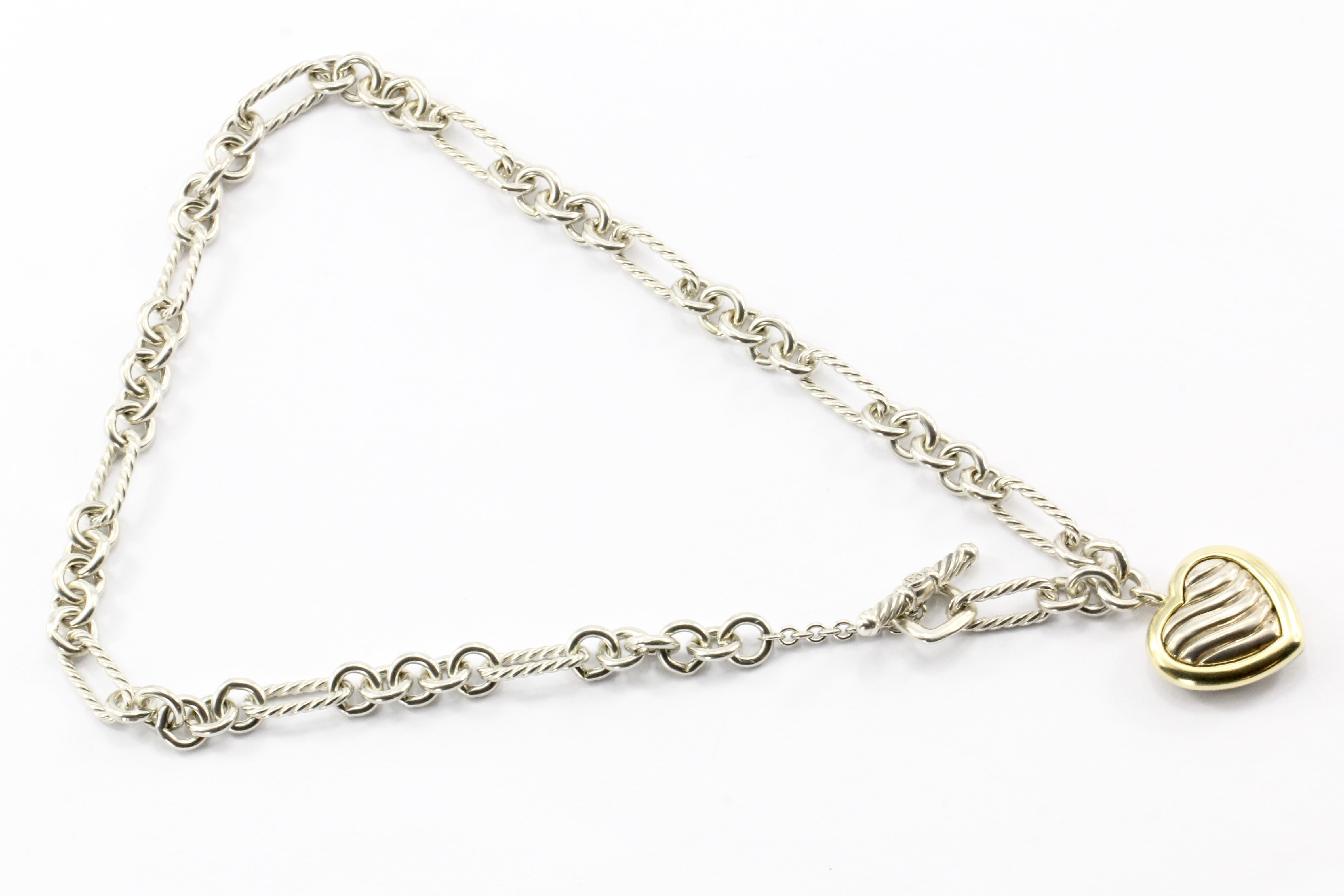 David Yurman Silver & 18K Yellow Gold Two Tone Cable Heart Figaro Necklace - Queen May