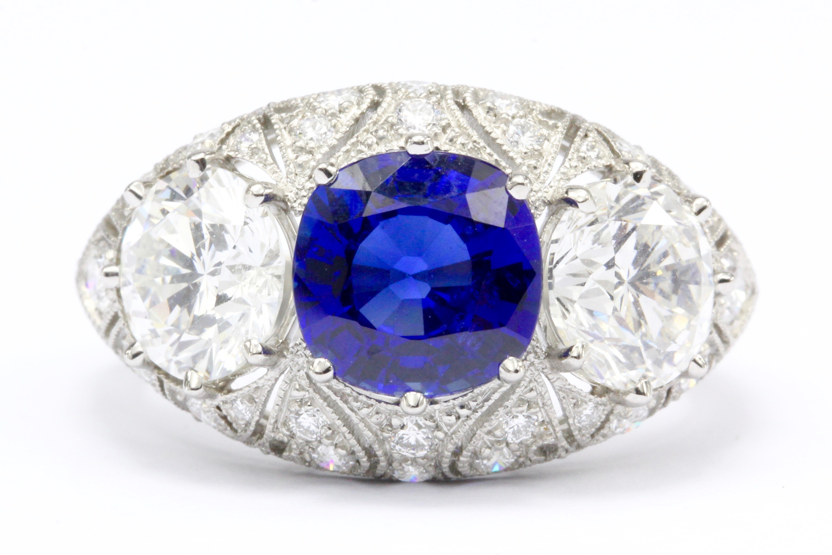 French Art Deco Style Platinum 2.6 Carat Blue Sapphire Diamond Ring IGI - Queen May