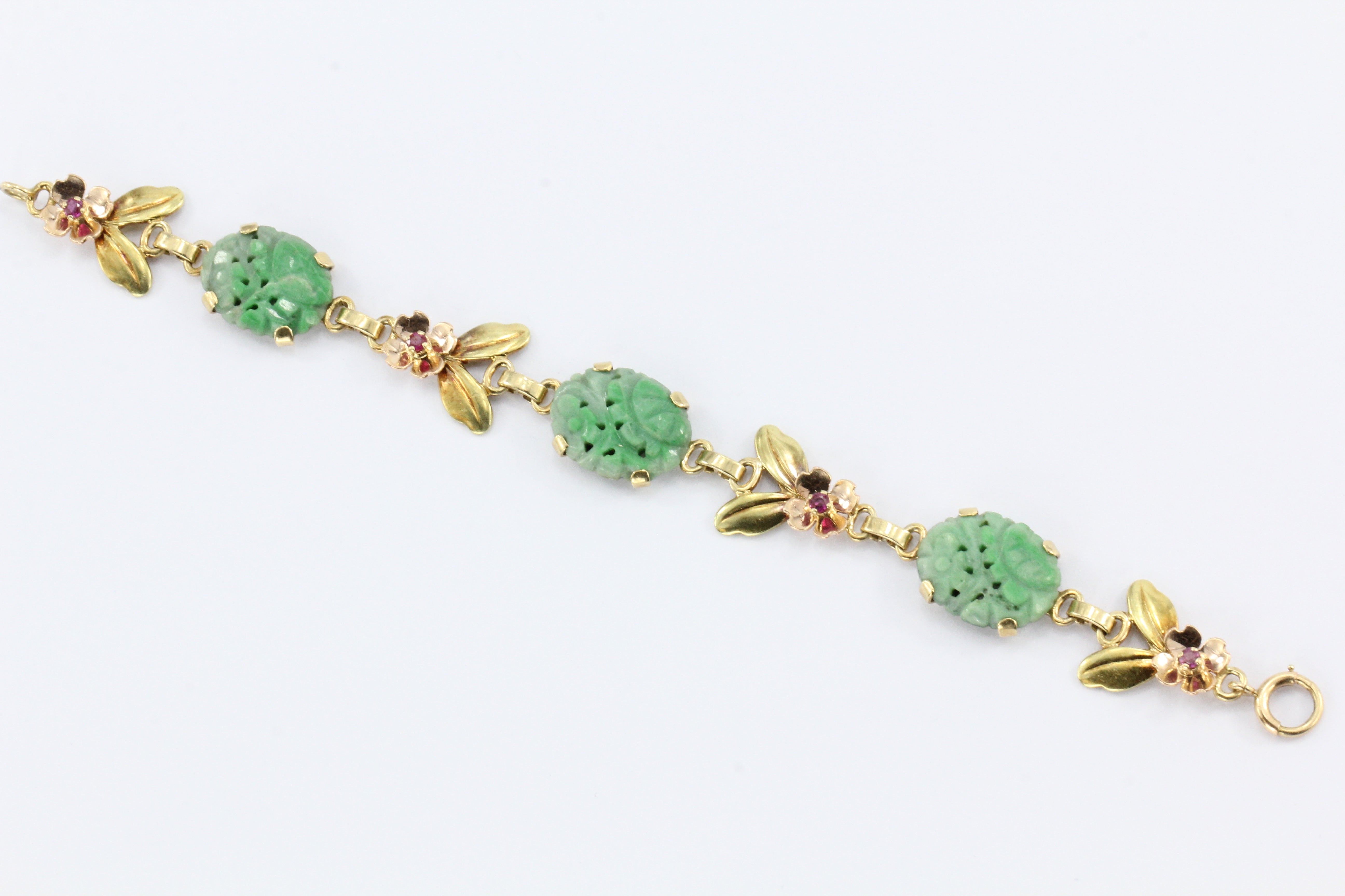 Tiffany & Co 14K Yellow and Rose Gold Jade and Ruby Floral Link Bracelet - Queen May