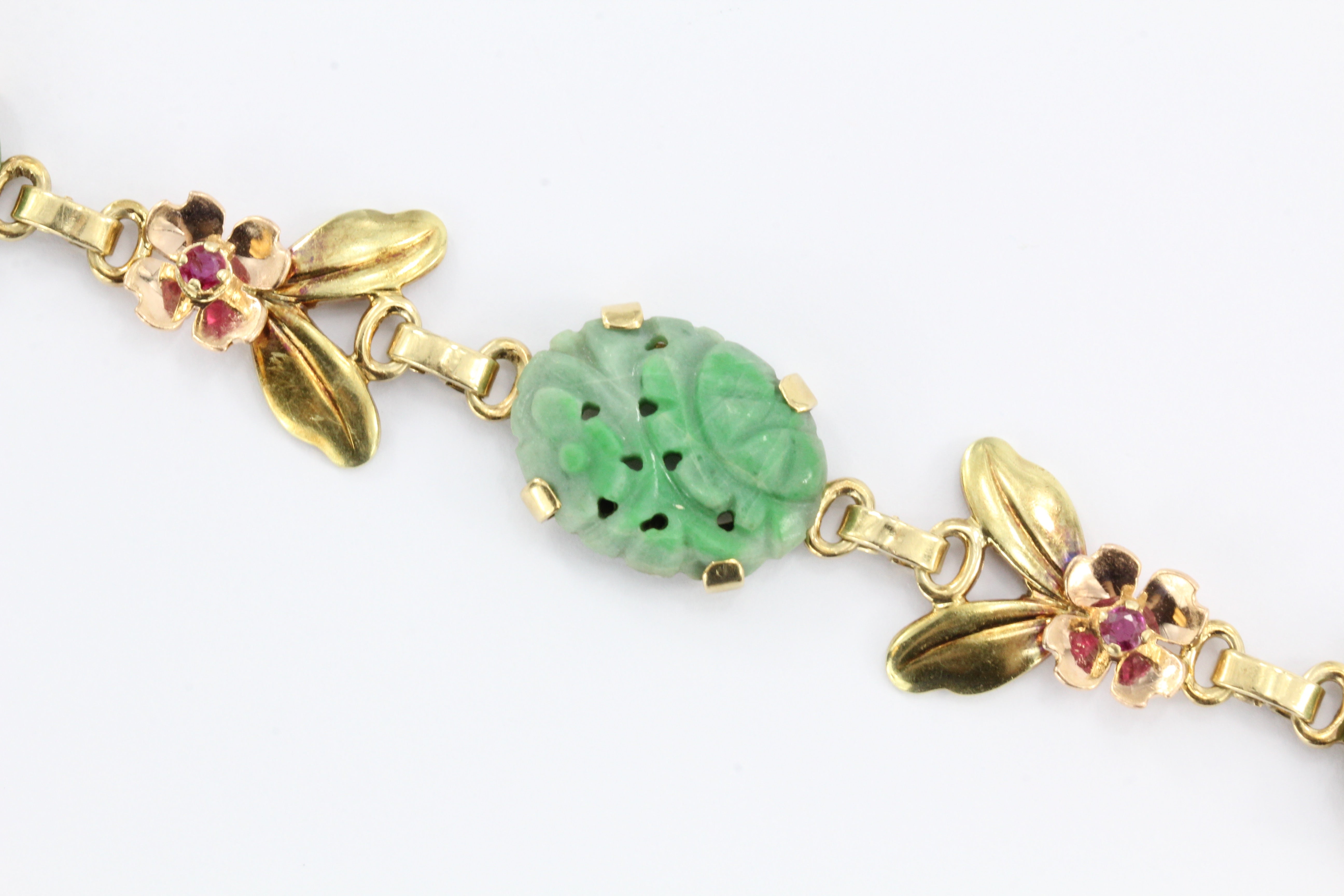 Tiffany & Co 14K Yellow and Rose Gold Jade and Ruby Floral Link Bracelet - Queen May