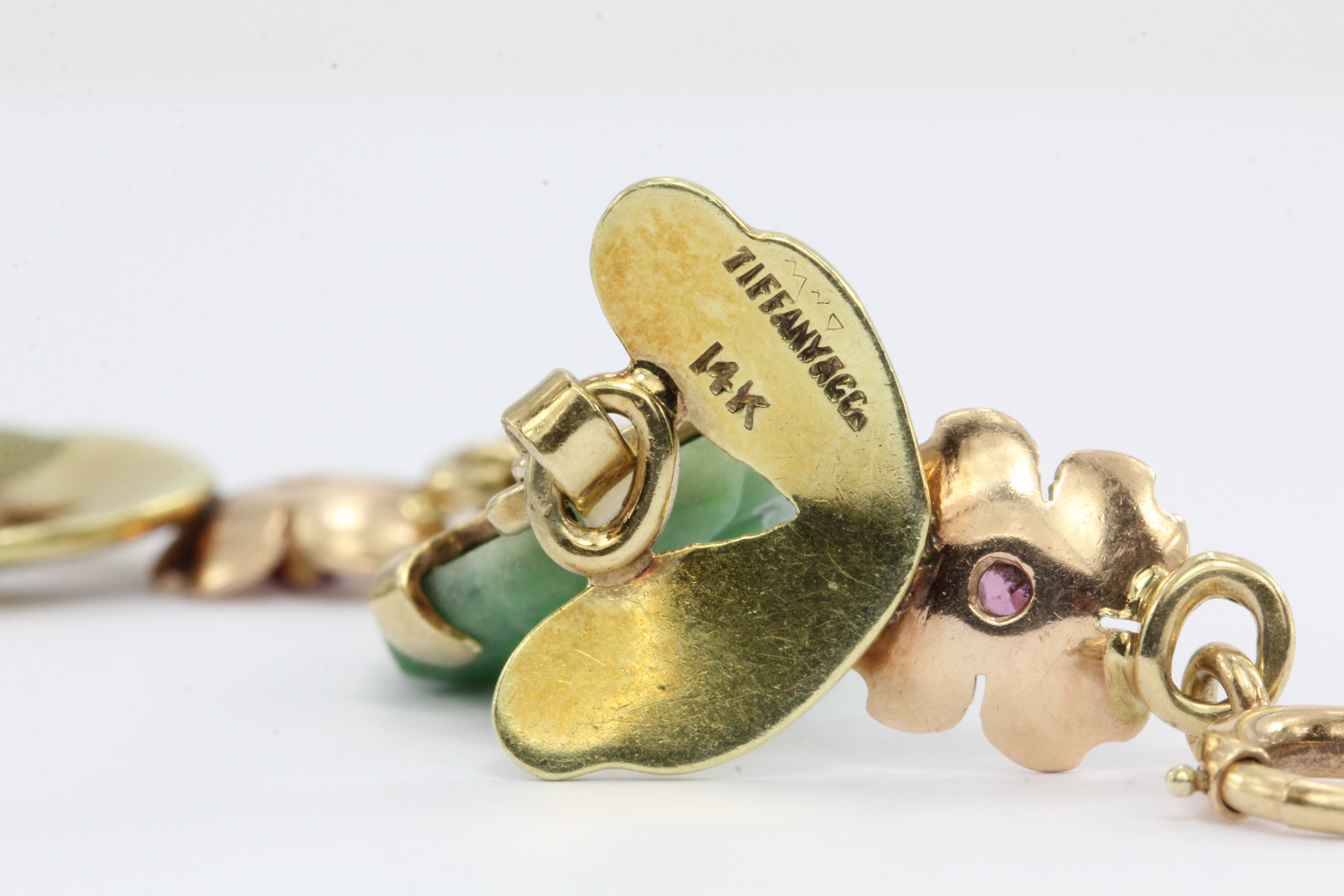 Tiffany & Co 14K Yellow and Rose Gold Jade and Ruby Floral Link Bracelet - Queen May