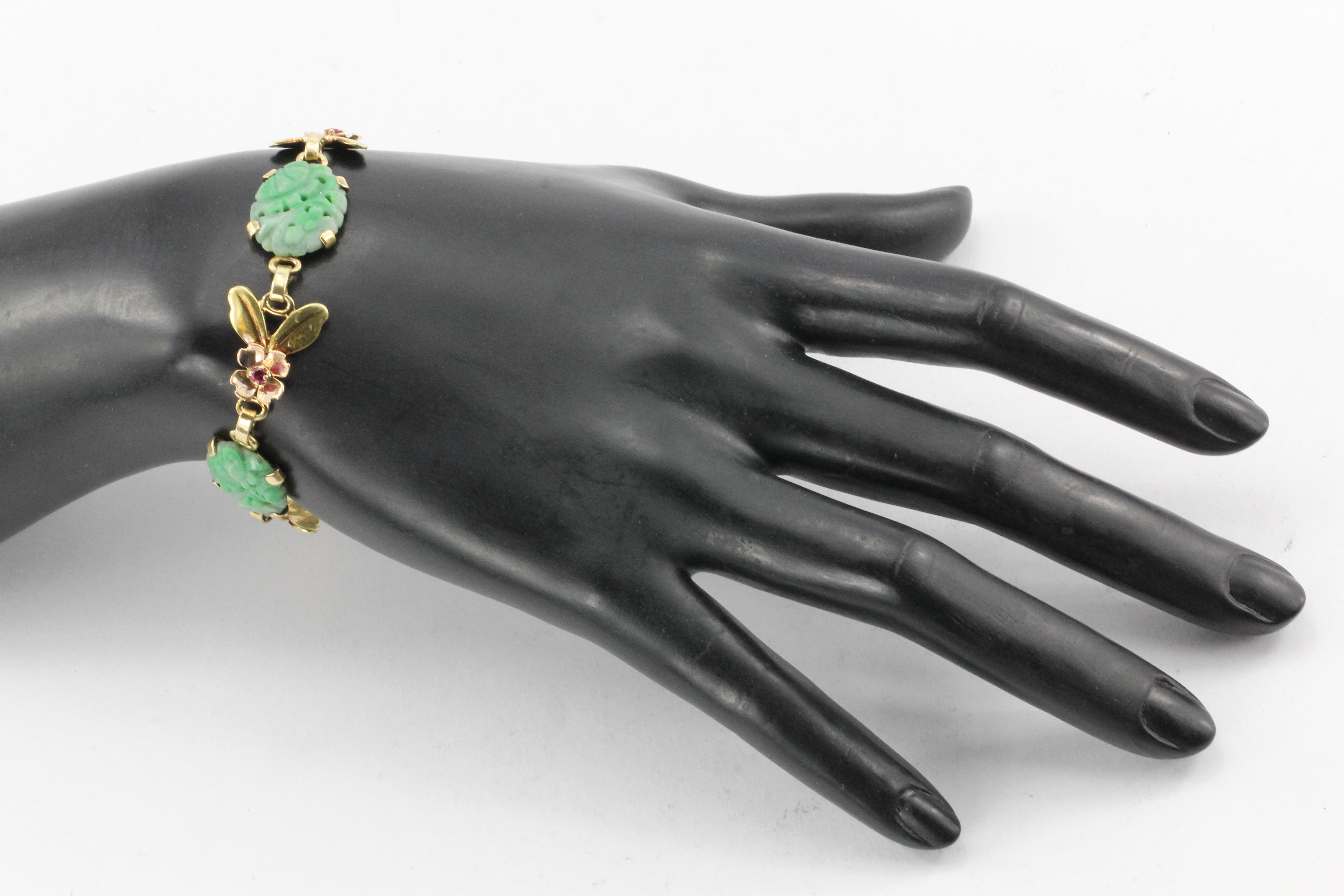 Tiffany & Co 14K Yellow and Rose Gold Jade and Ruby Floral Link Bracelet - Queen May