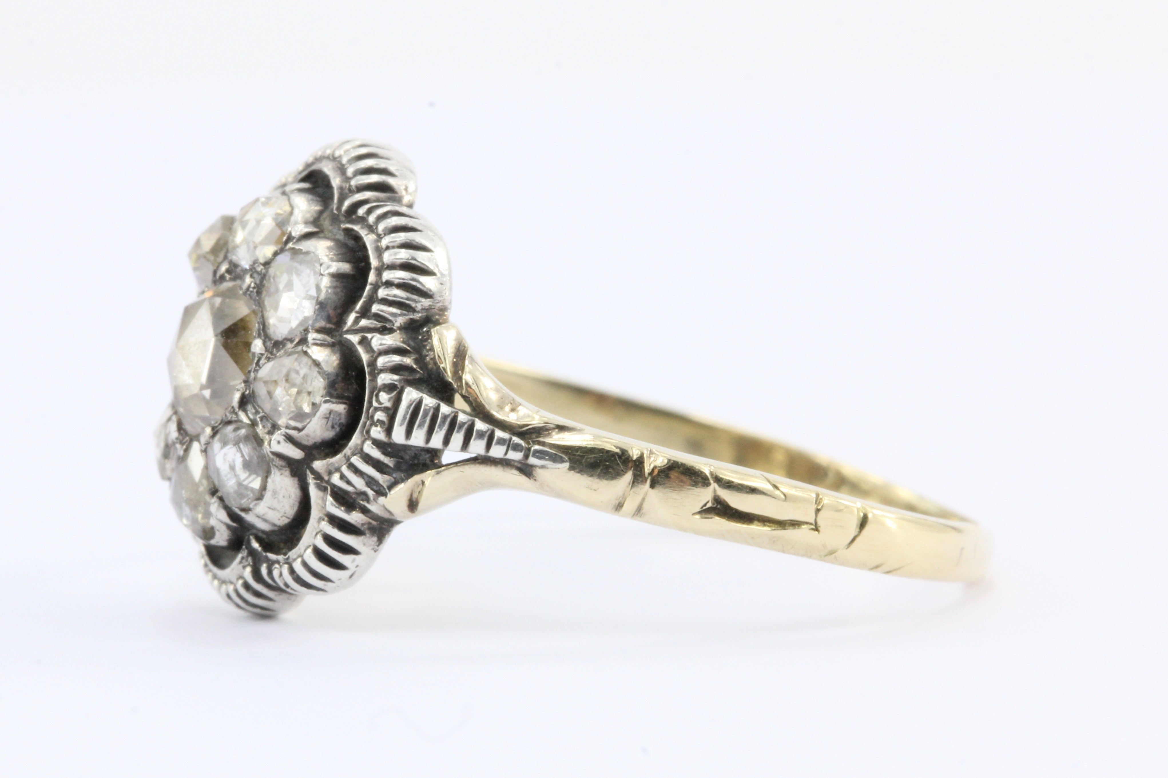 Georgian 15k Gold Foil Backed Rose Cut Diamond Floral Cluster Ring c.1800 - Queen May
