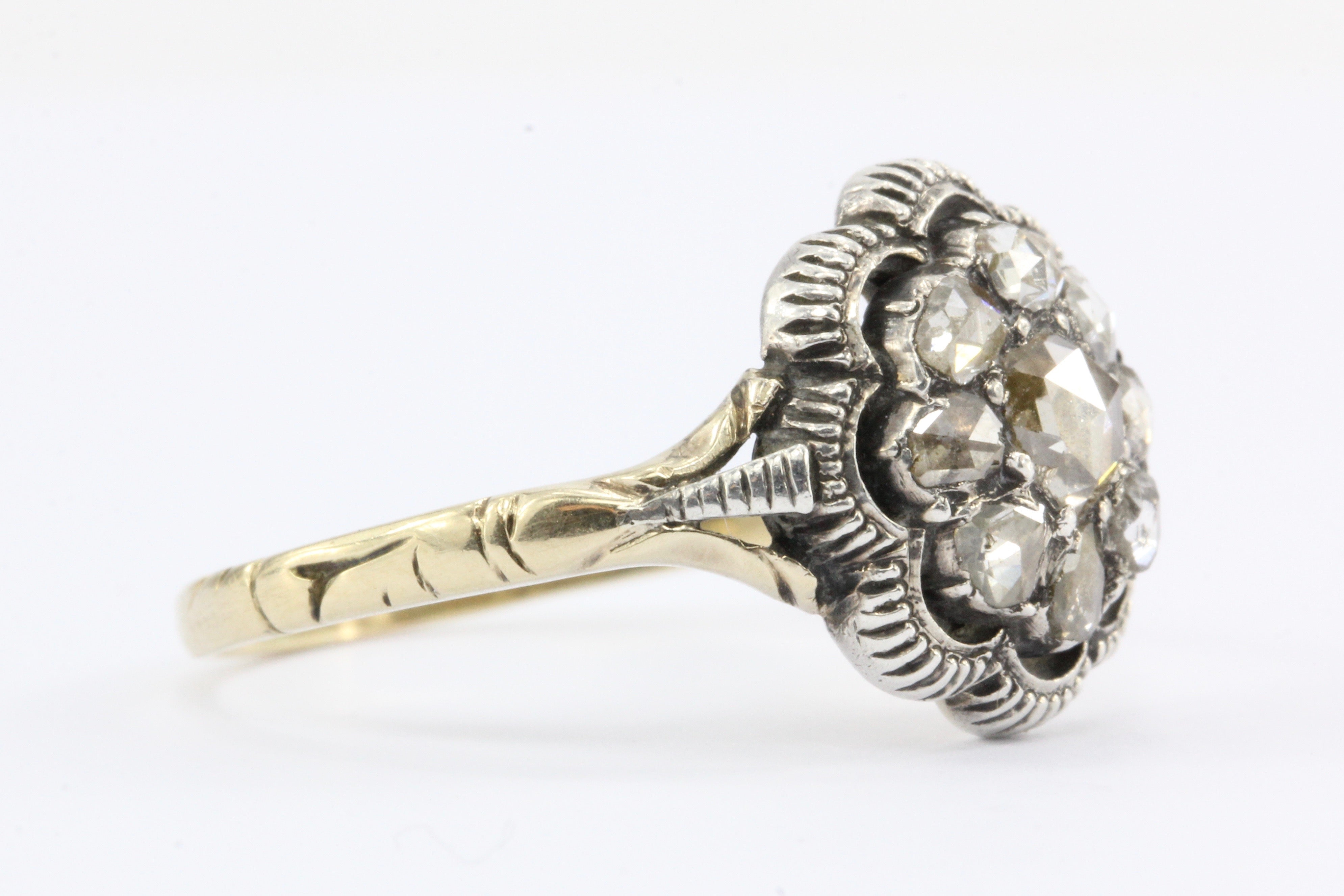 Georgian 15k Gold Foil Backed Rose Cut Diamond Floral Cluster Ring c.1800 - Queen May