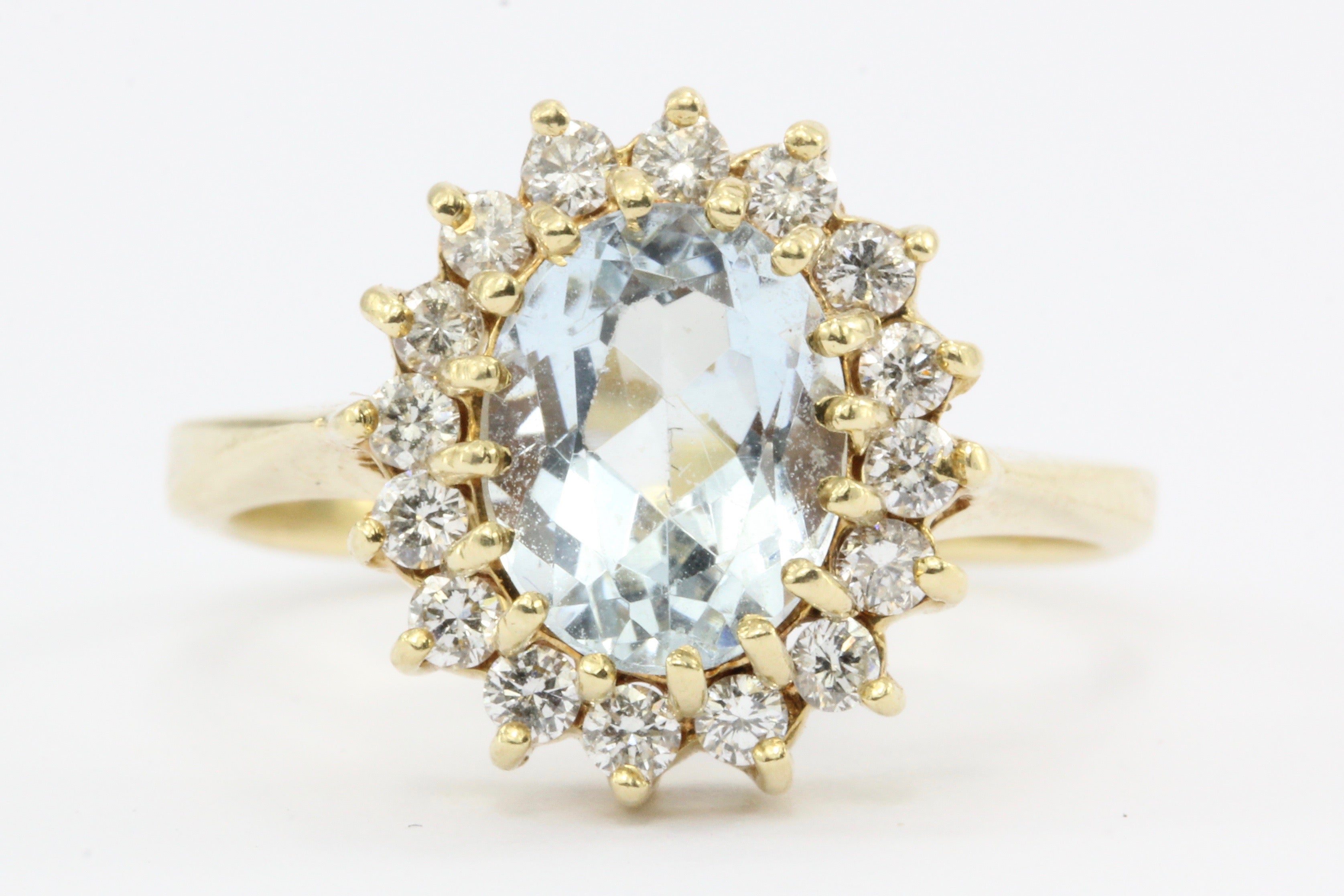 Vintage 14K Gold Aquamarine w/ Diamond Halo Ring - Queen May