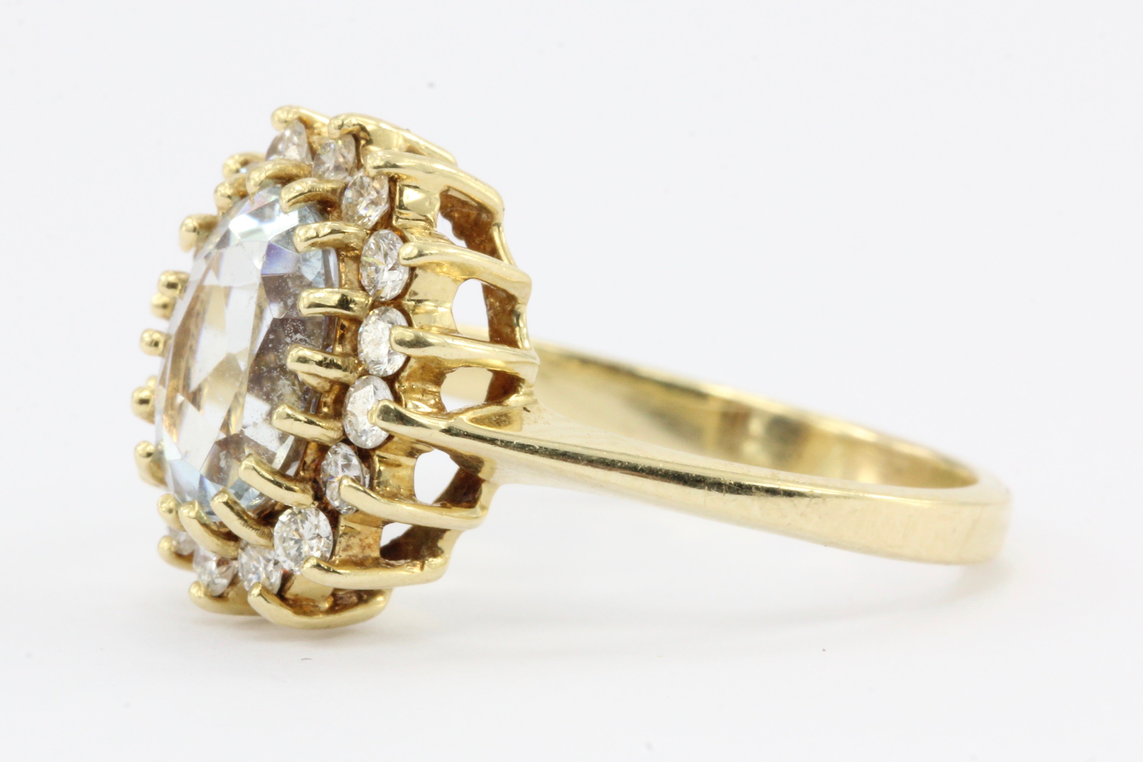 Vintage 14K Gold Aquamarine w/ Diamond Halo Ring - Queen May