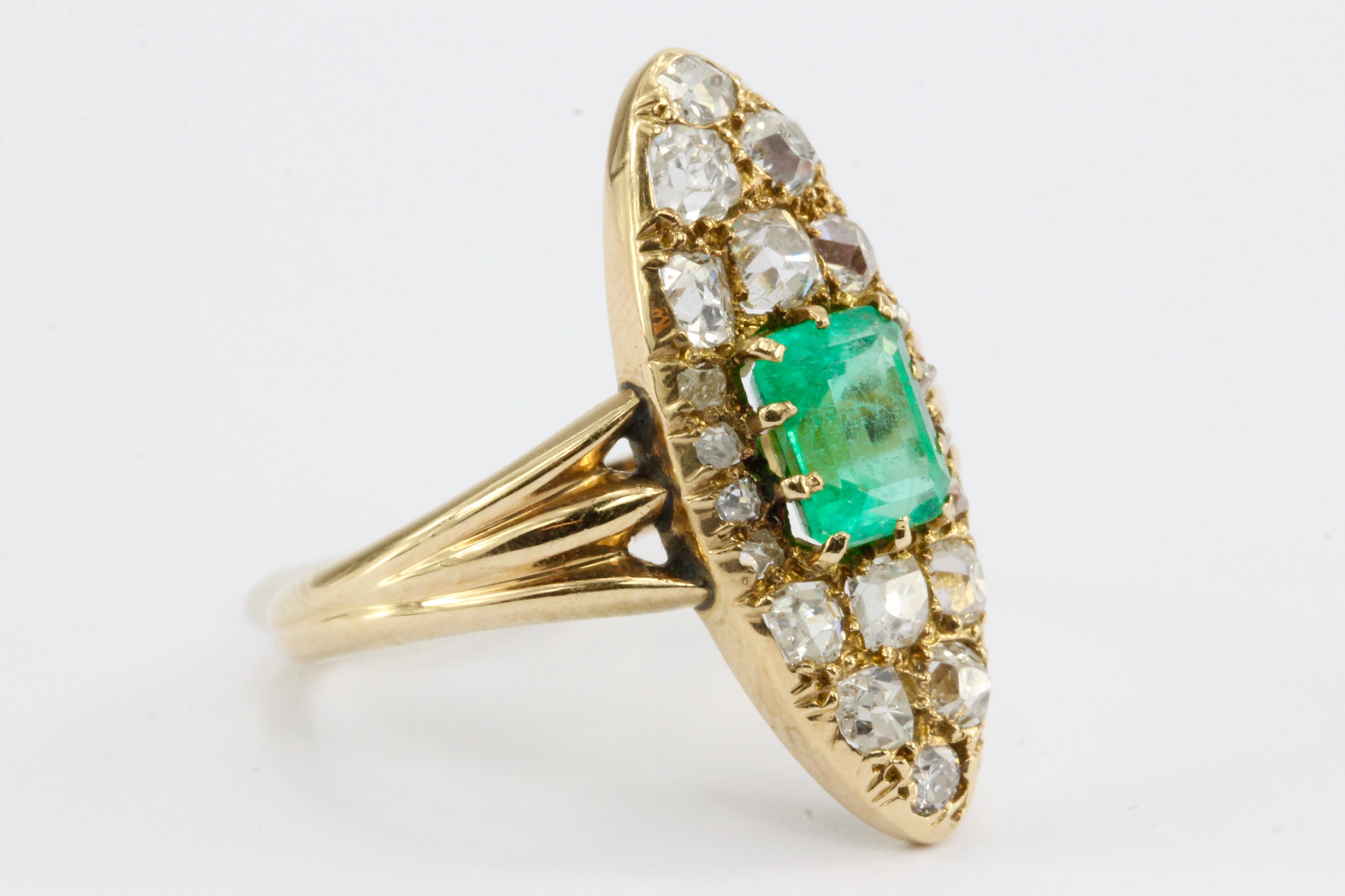 Edwardian 15K Gold Emerald & Old Mine Cut Diamond Navette Ring c.1900 - Queen May