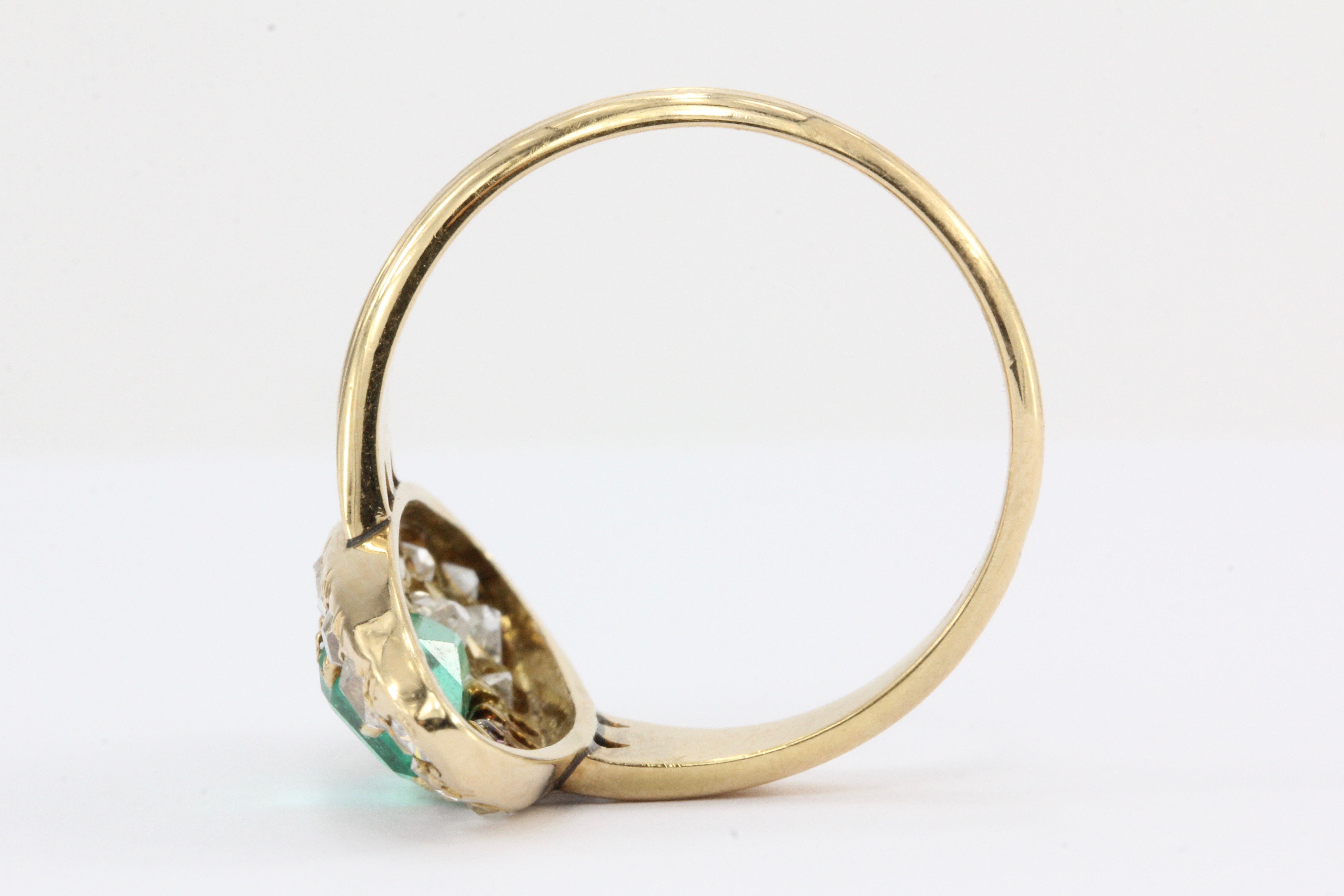 Edwardian 15K Gold Emerald & Old Mine Cut Diamond Navette Ring c.1900 - Queen May