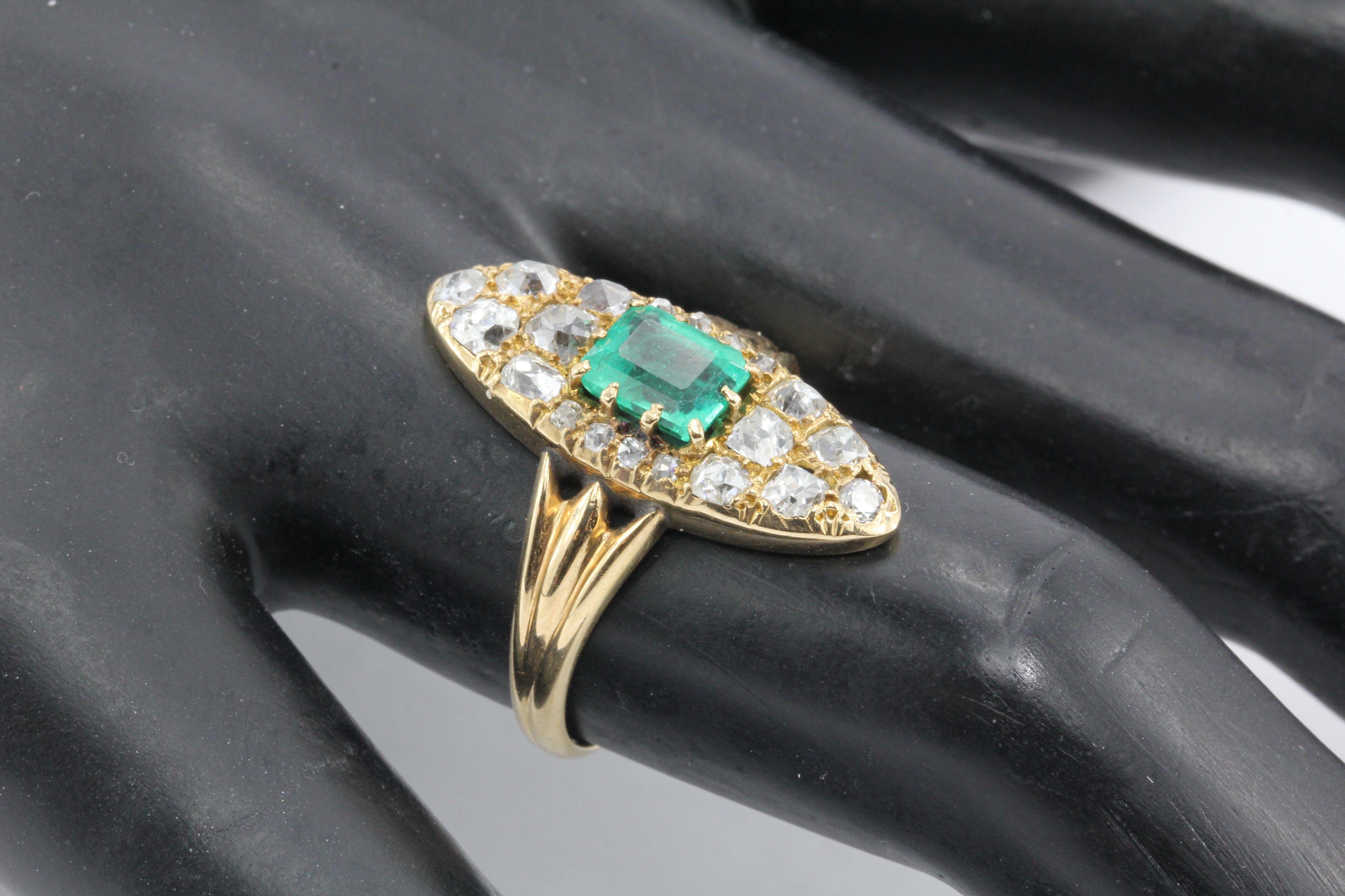 Edwardian 15K Gold Emerald & Old Mine Cut Diamond Navette Ring c.1900 - Queen May