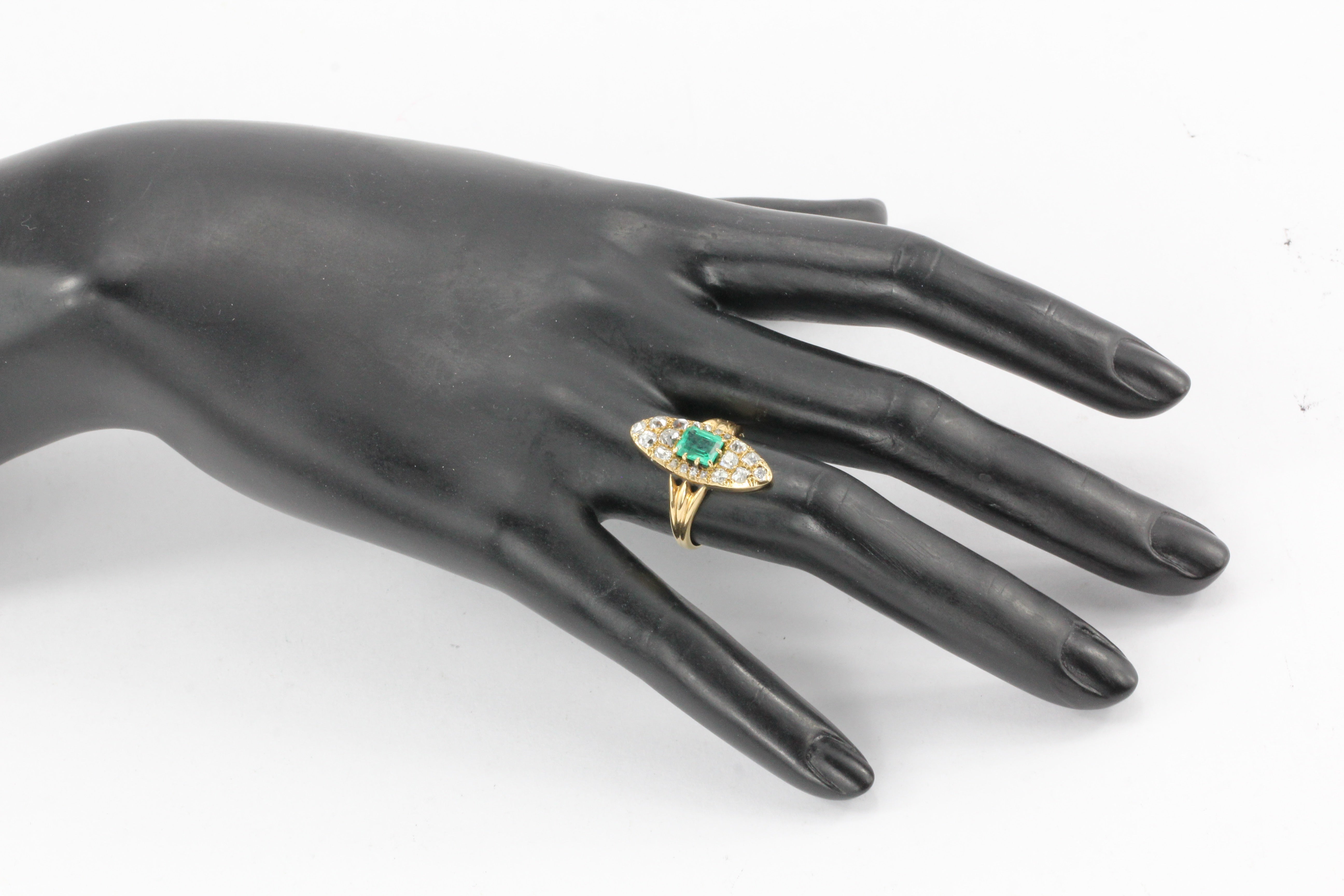 Edwardian 15K Gold Emerald & Old Mine Cut Diamond Navette Ring c.1900 - Queen May