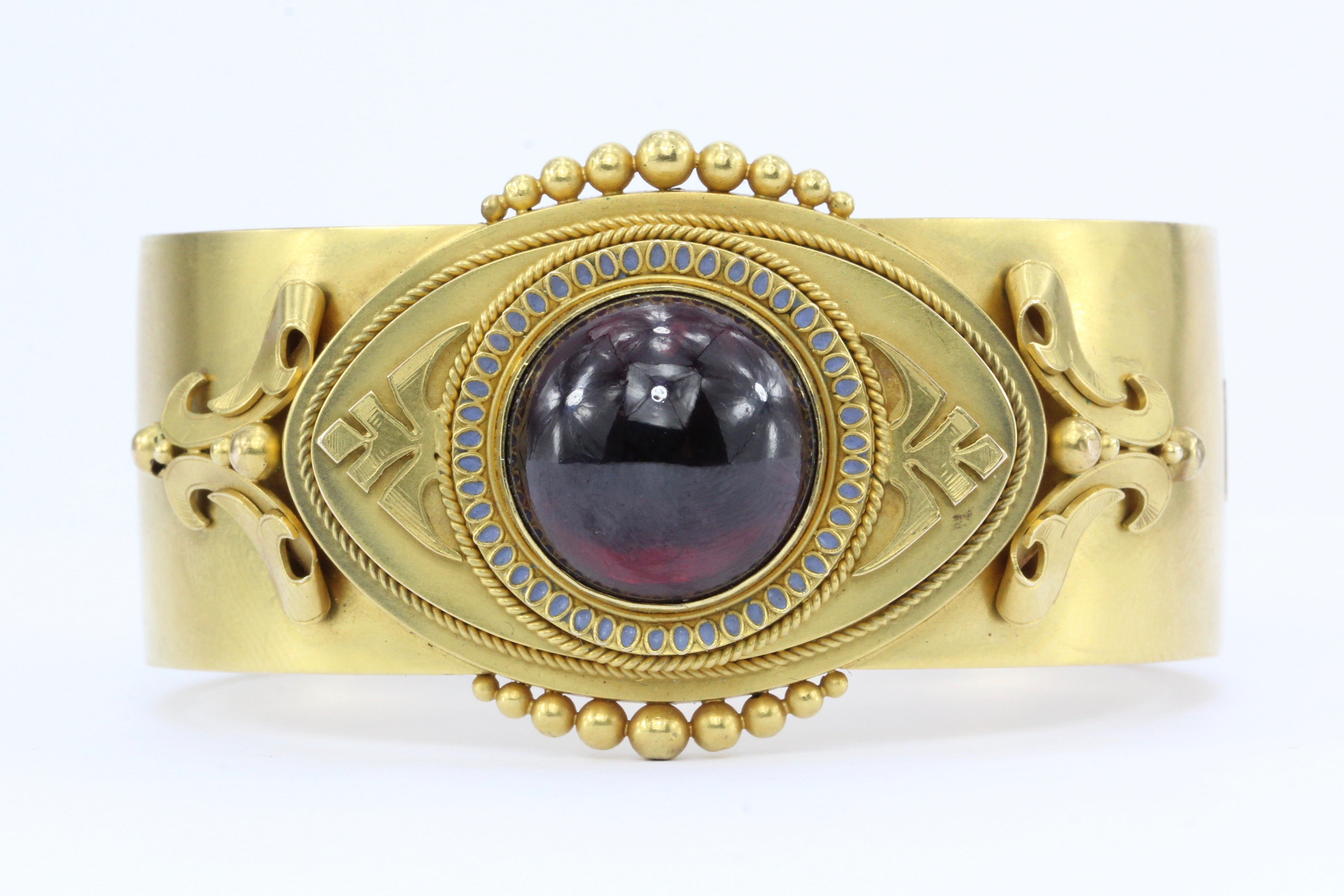 Victorian Scottish 15K Gold Garnet Carbuncle Enamel Bangle Bracelet c.1860's - Queen May