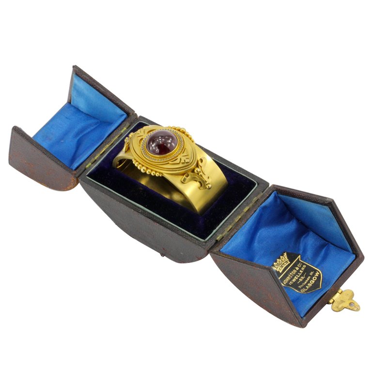 Victorian Scottish 15K Gold Garnet Carbuncle Enamel Bangle Bracelet c.1860's - Queen May