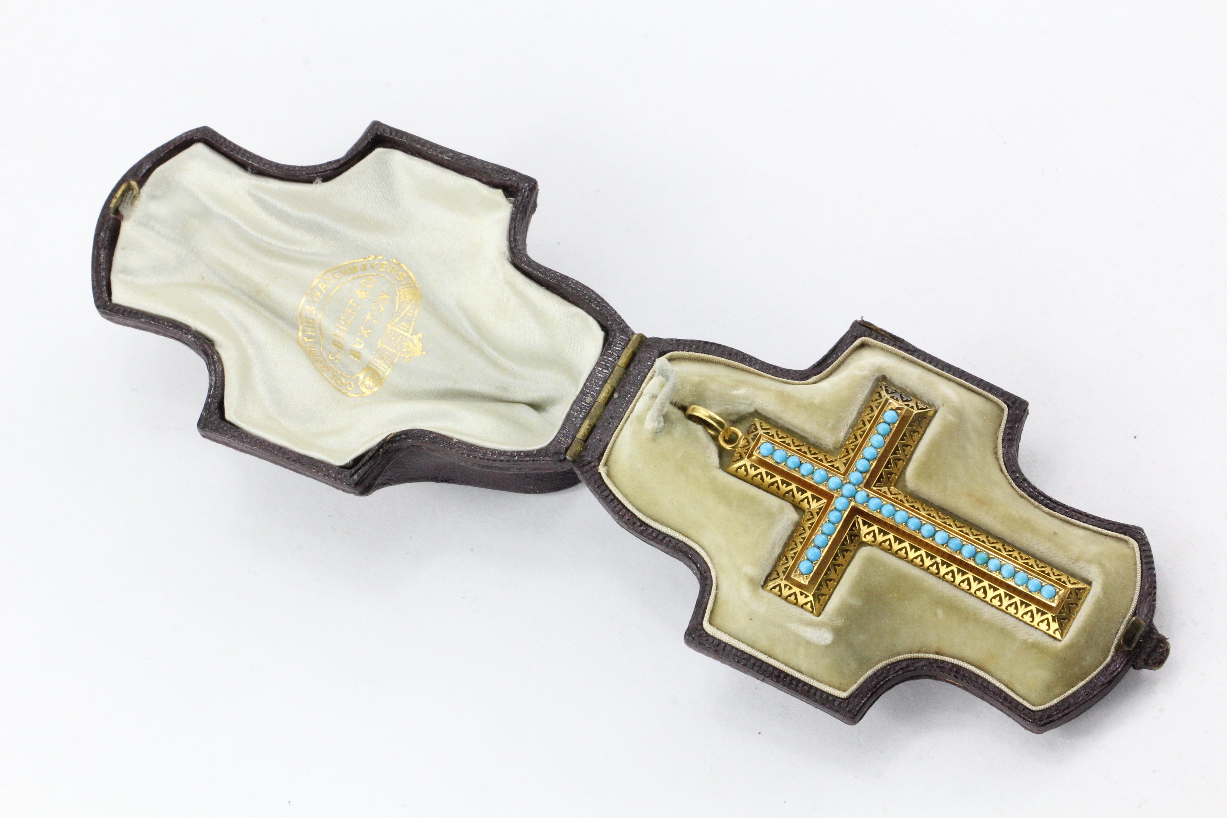 Victorian 15K Gold Persian Turquoise Pierced Cross Pendant c.1880 in Box - Queen May