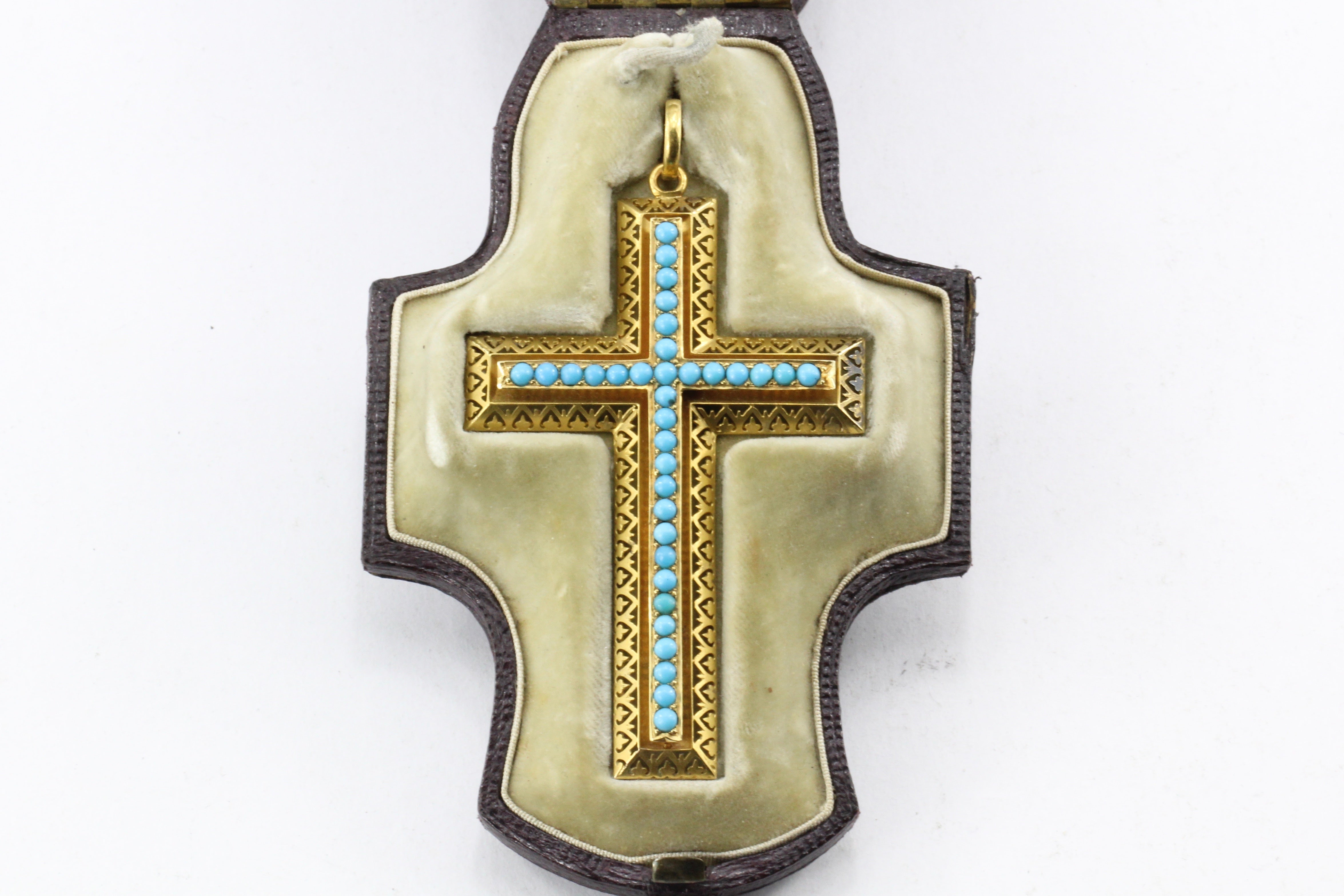 Victorian 15K Gold Persian Turquoise Pierced Cross Pendant c.1880 in Box - Queen May