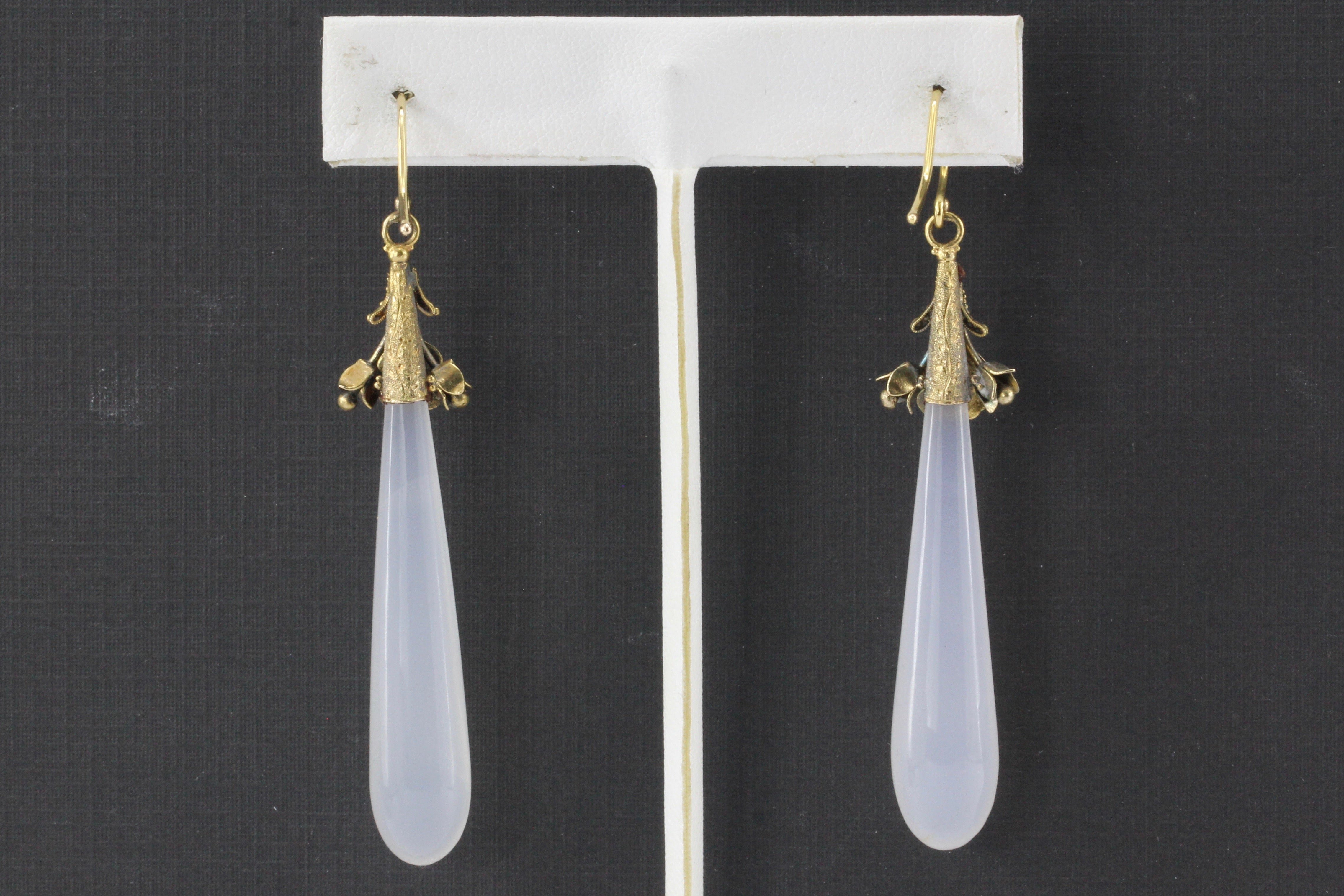 Victorian 15K Gold White Purple Chalcedony Drop Dangle Earrings c.1835 - Queen May