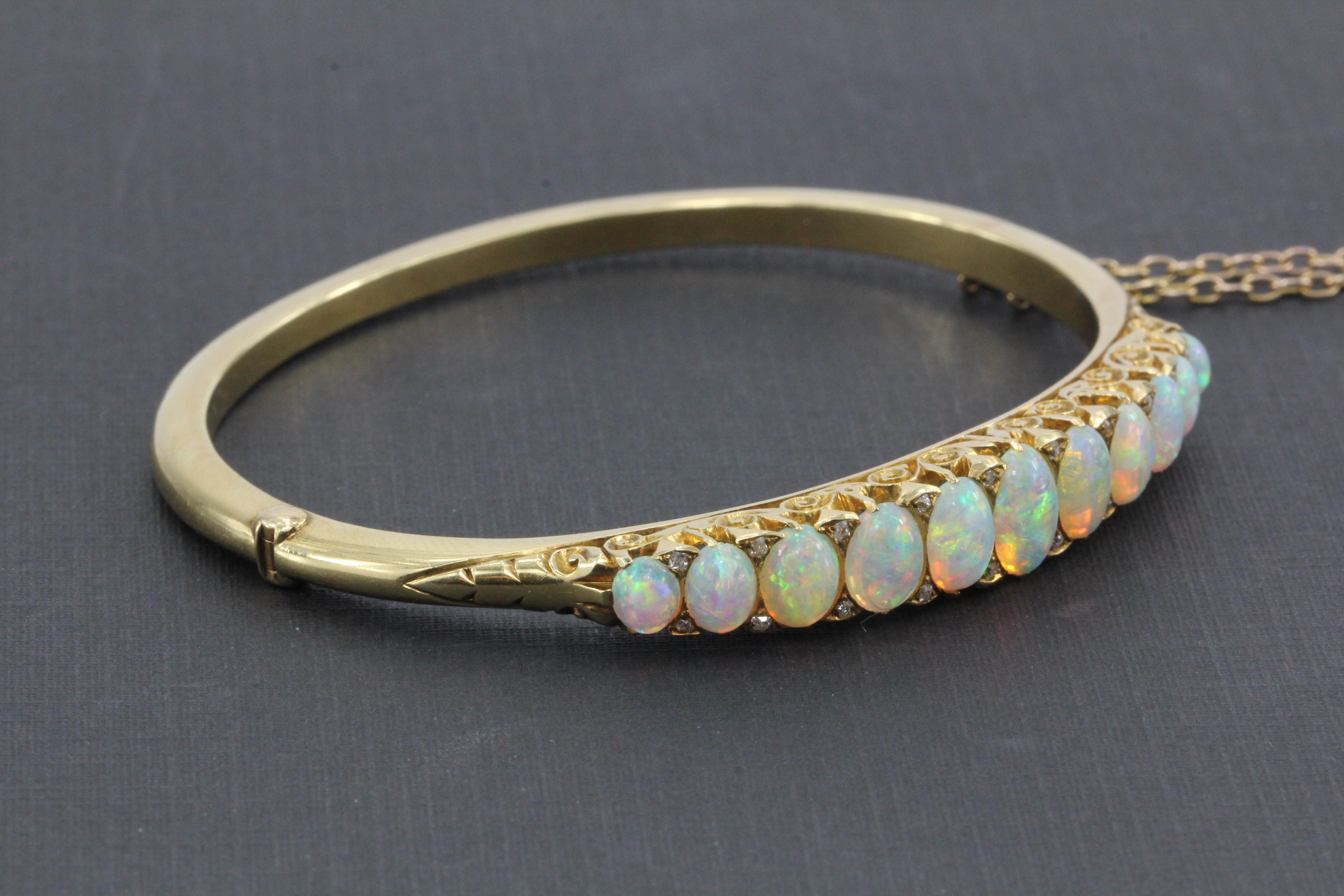 Victorian 18K Gold Opal & Old Mine Diamond Bangle Bracelet c.1890 - Queen May