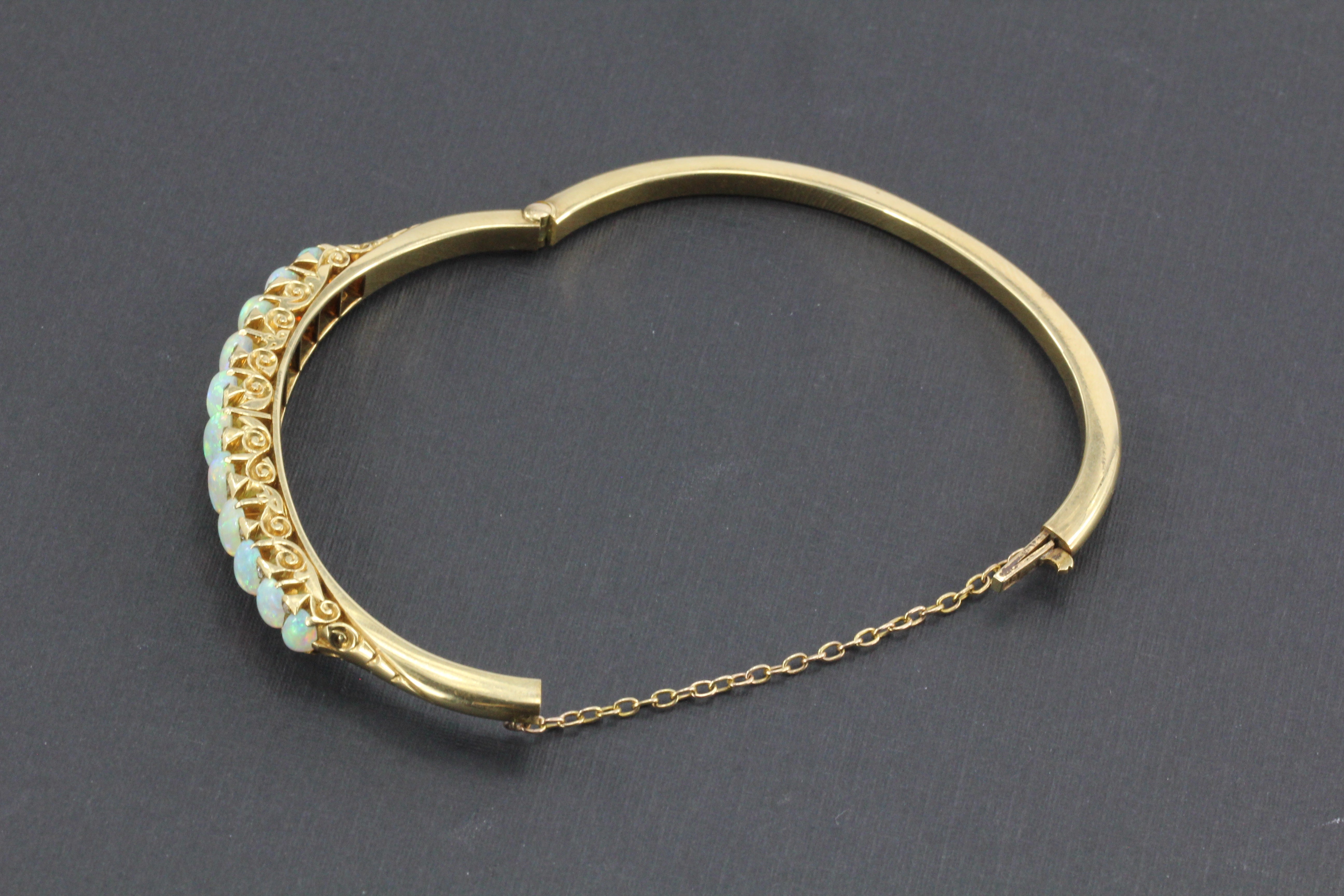 Victorian 18K Gold Opal & Old Mine Diamond Bangle Bracelet c.1890 - Queen May