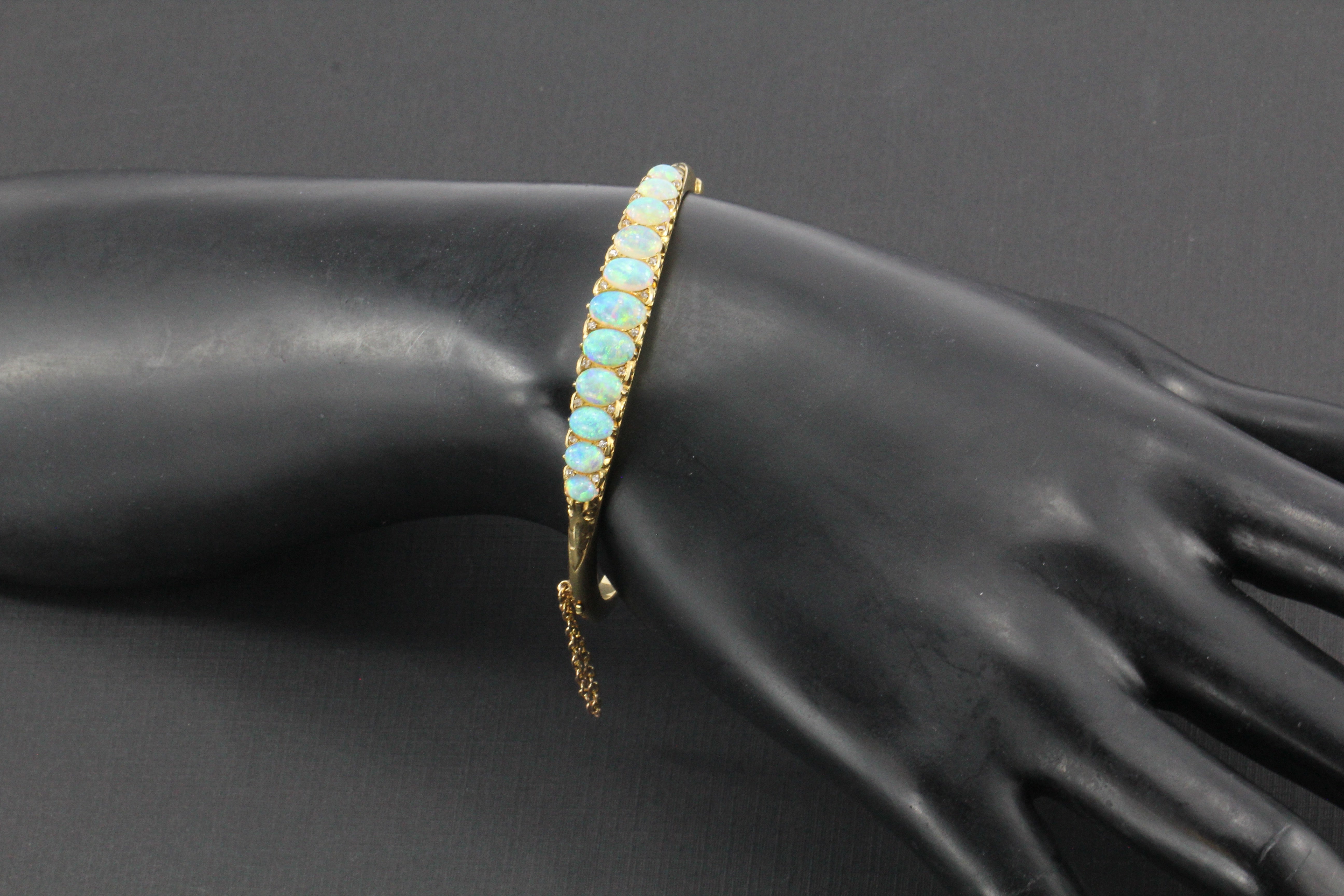 Victorian 18K Gold Opal & Old Mine Diamond Bangle Bracelet c.1890 - Queen May