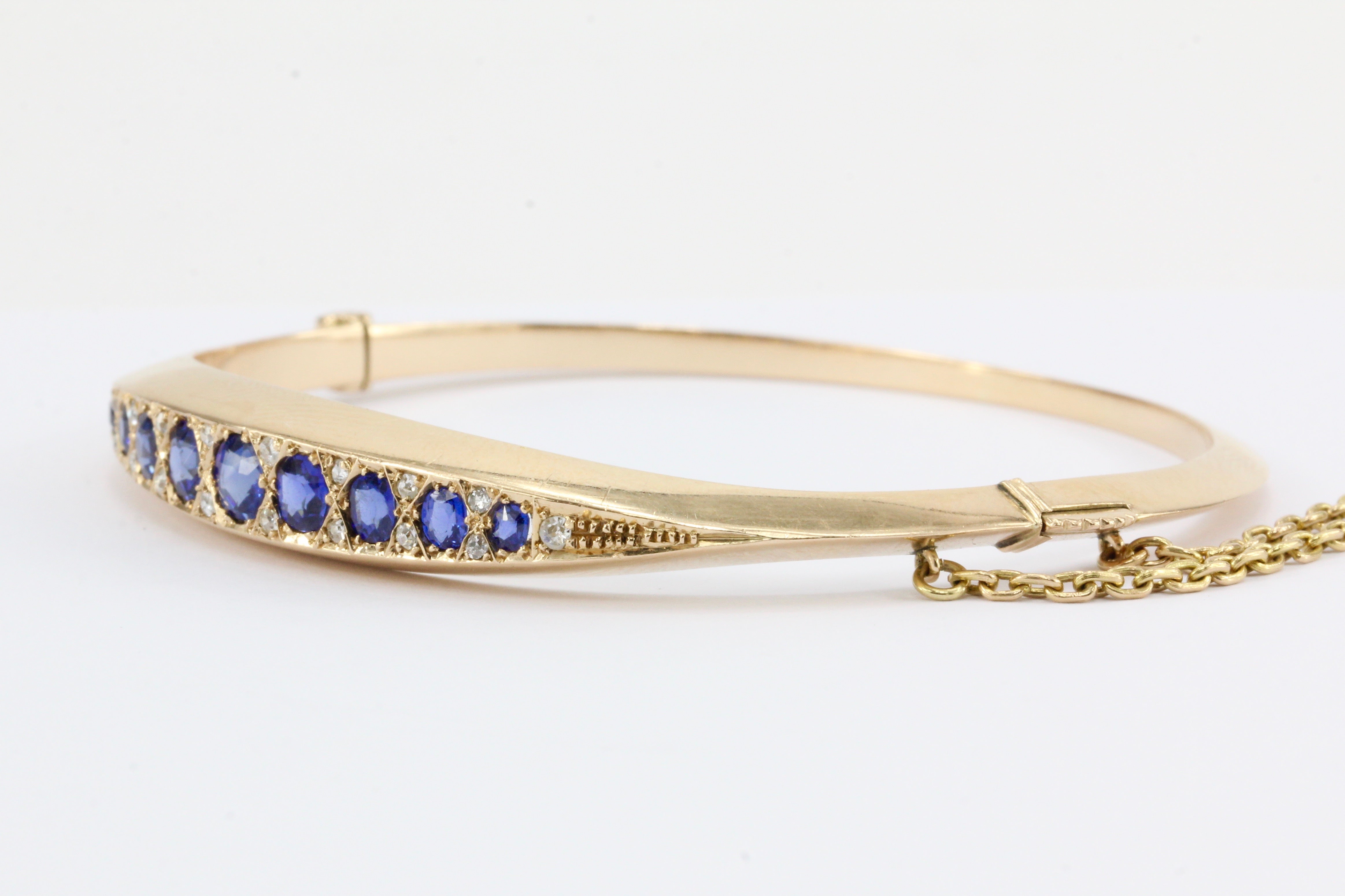 Victorian 15k Gold Natural Sapphire & Old Mine Diamond Bangle Bracelet c.1890's - Queen May