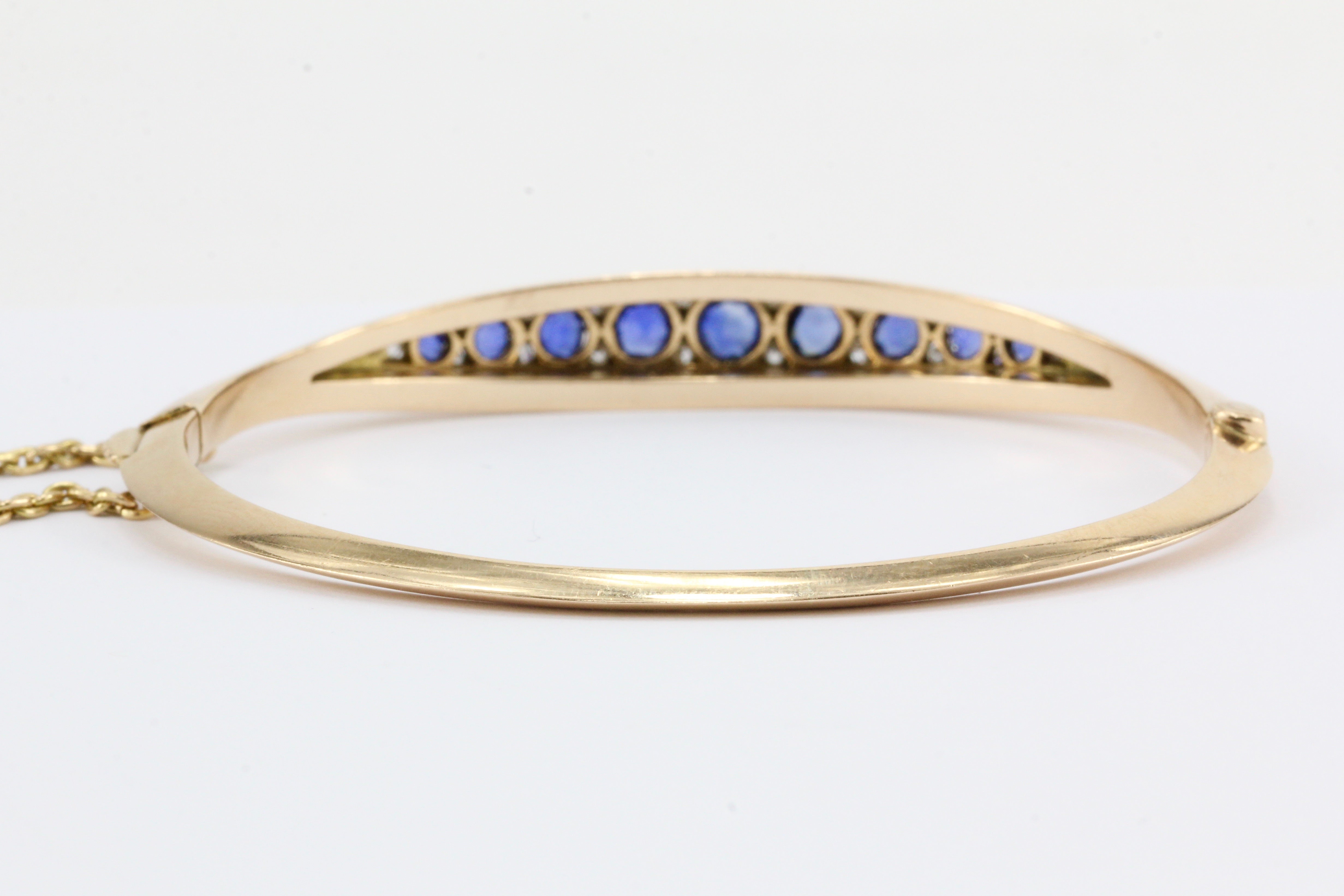 Victorian 15k Gold Natural Sapphire & Old Mine Diamond Bangle Bracelet c.1890's - Queen May