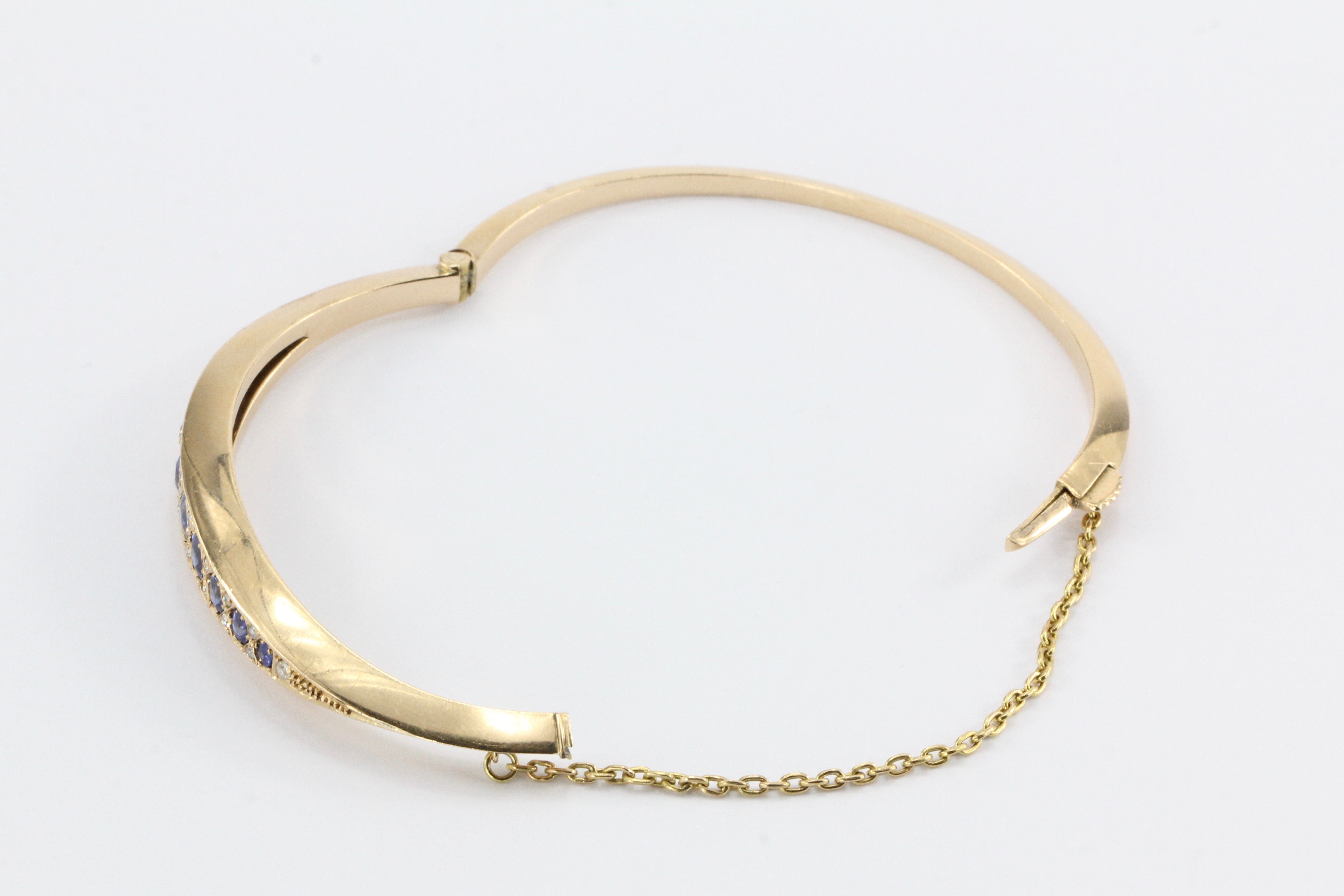 Victorian 15k Gold Natural Sapphire & Old Mine Diamond Bangle Bracelet c.1890's - Queen May