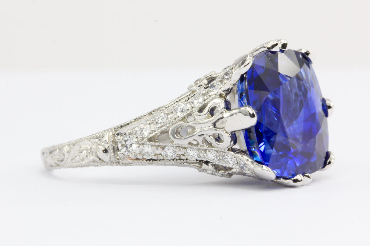 18K White Gold 7.27 Carat Natural Ceylon (Sri Lankan) Blue Sapphire Ring - Queen May