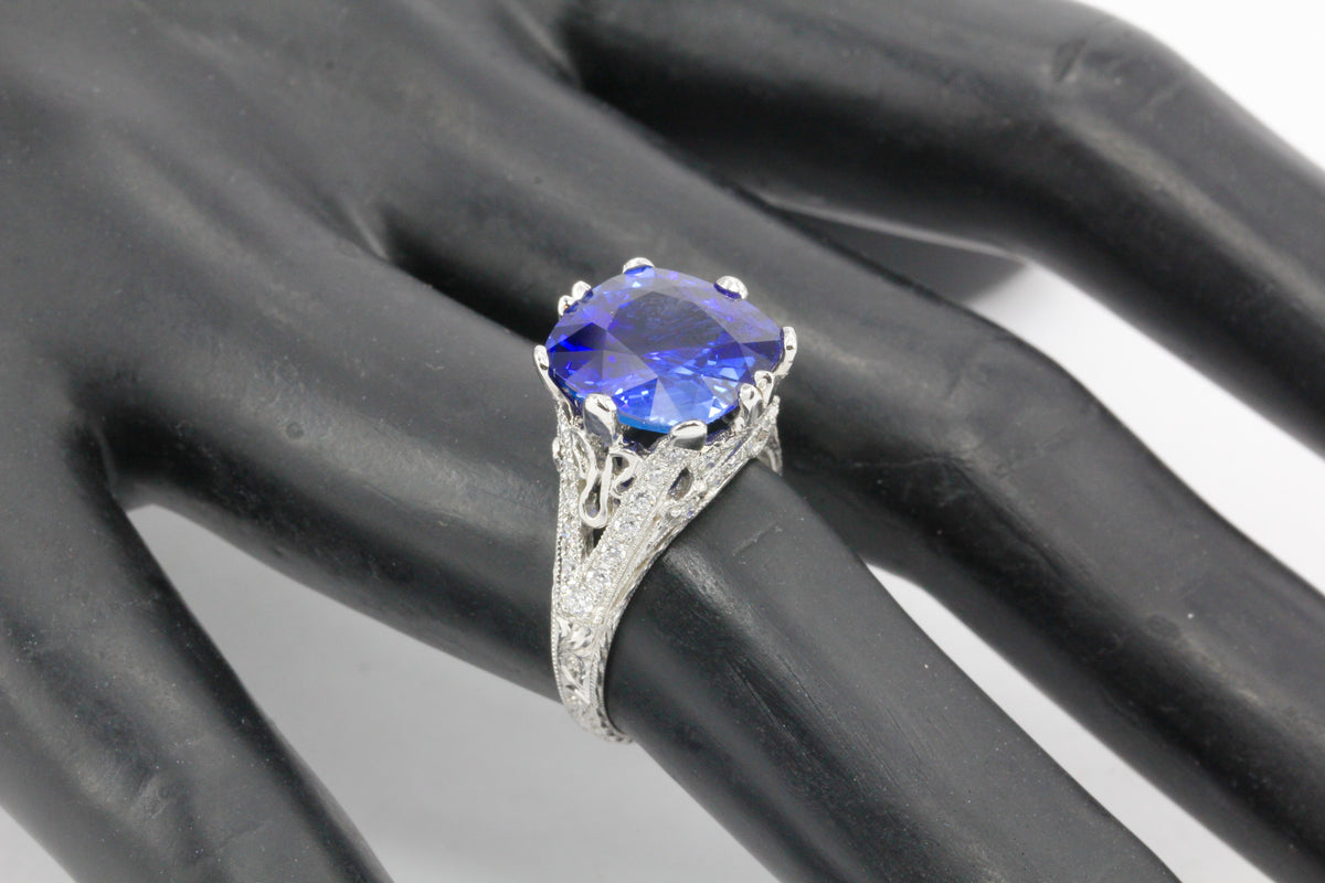 18K White Gold 7.27 Carat Natural Ceylon (Sri Lankan) Blue Sapphire Ring - Queen May