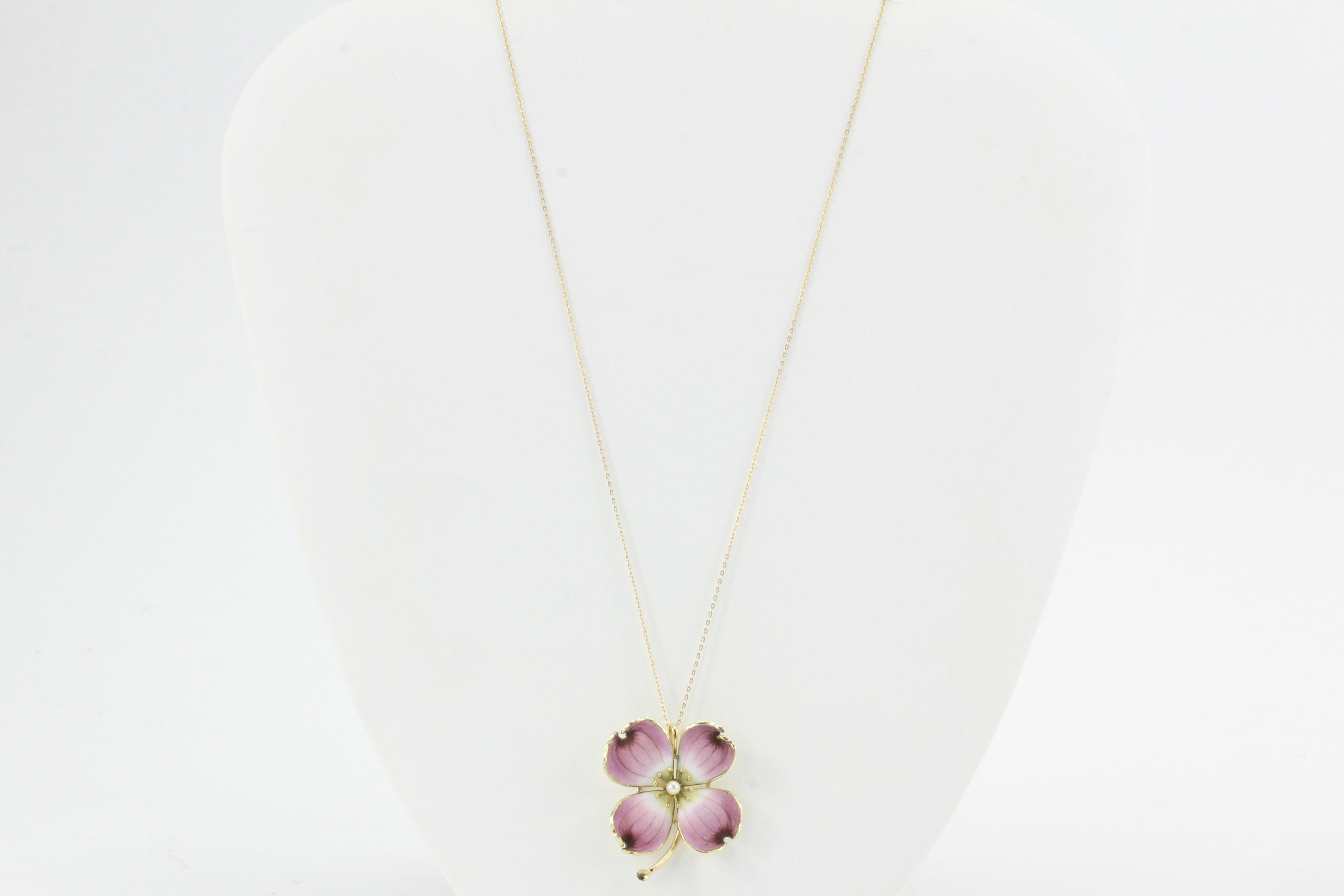 Art Nouveau 14K Gold Enamel Dogwood Flower Pendant Necklace A.J. Hedges c.1900 - Queen May