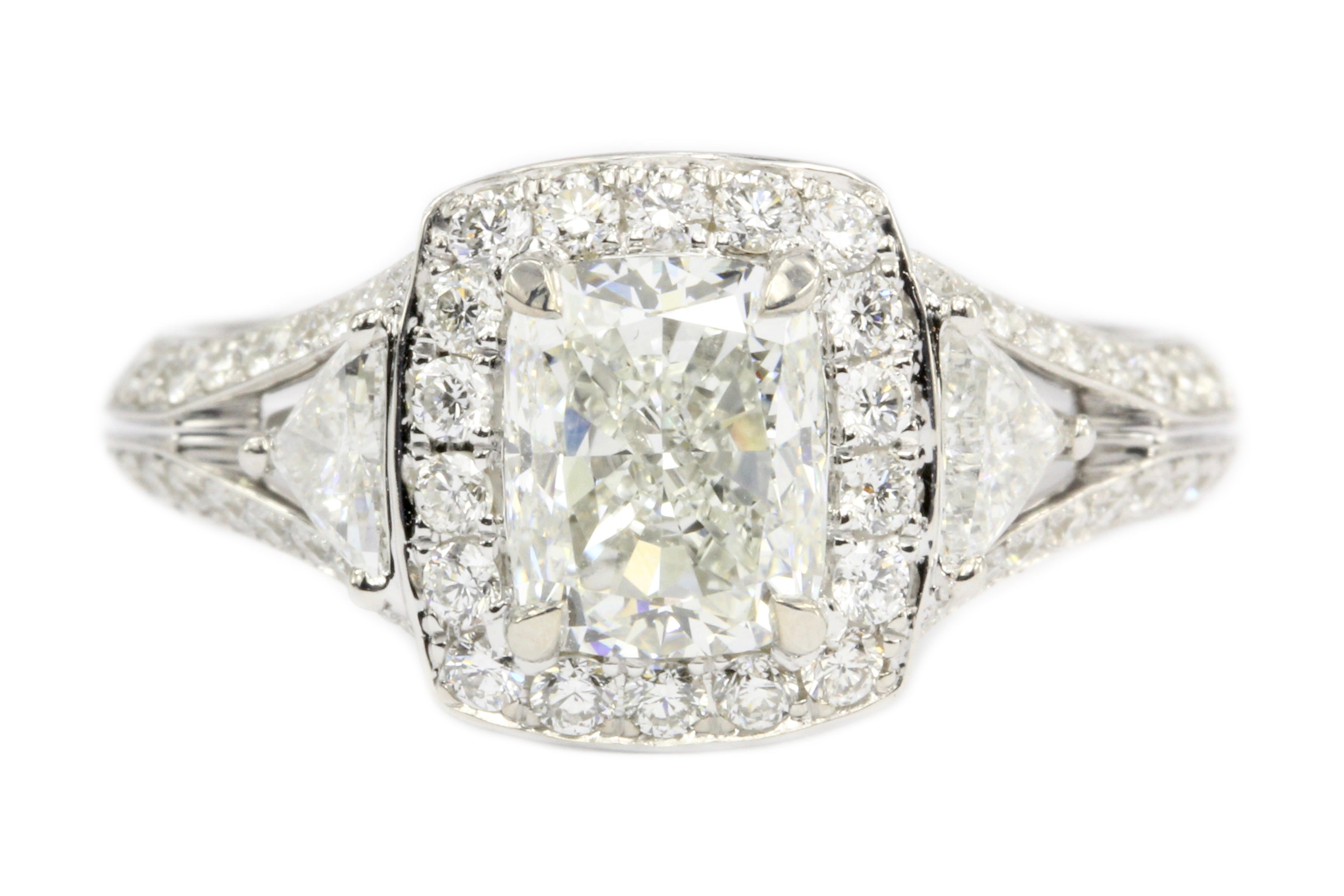 18K 1.5CT Cushion Cut Diamond Set With Two Trillion And Round Cut Diamonds - Queen May