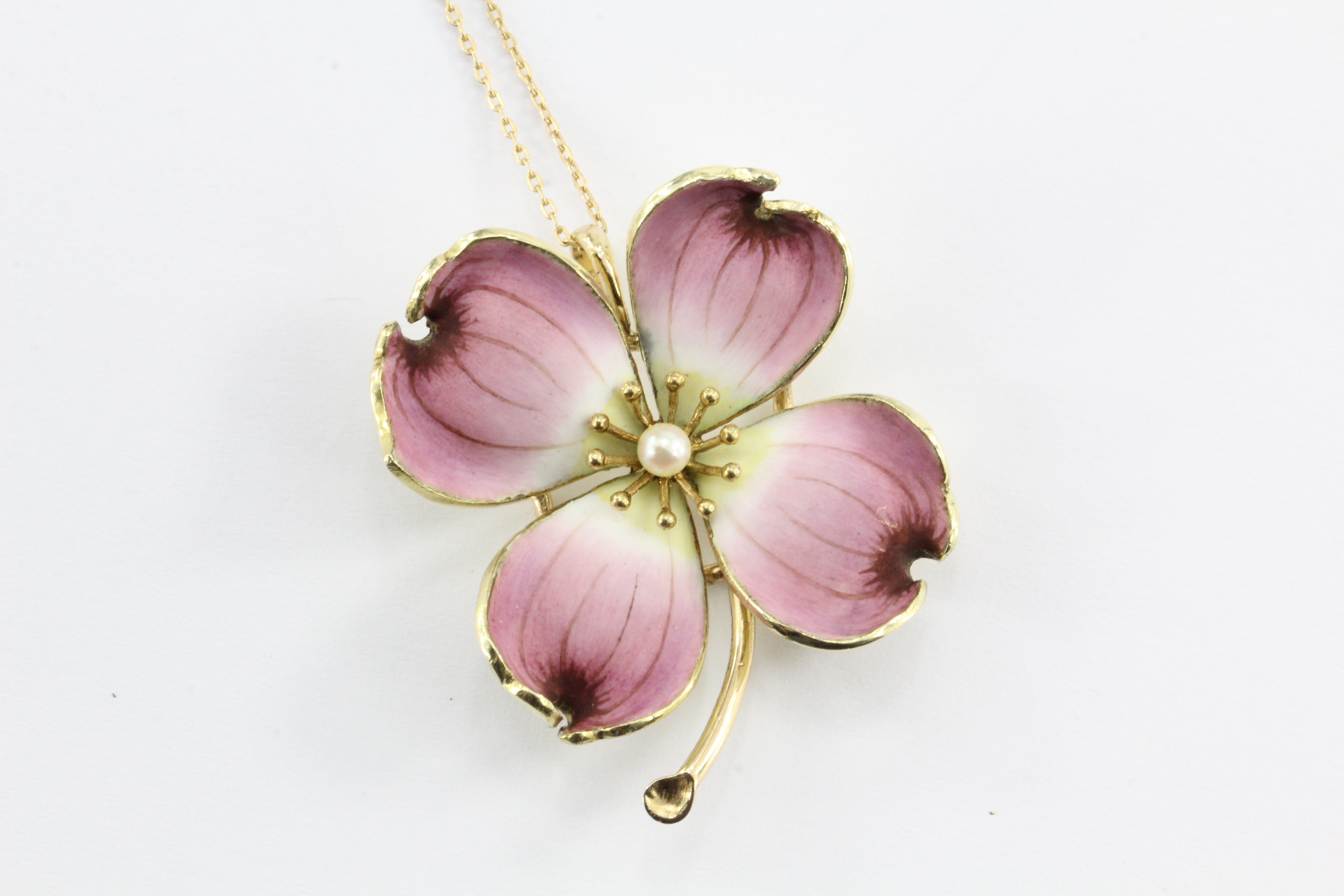 Art Nouveau 14K Gold Enamel Dogwood Flower Pendant Necklace A.J. Hedges c.1900 - Queen May