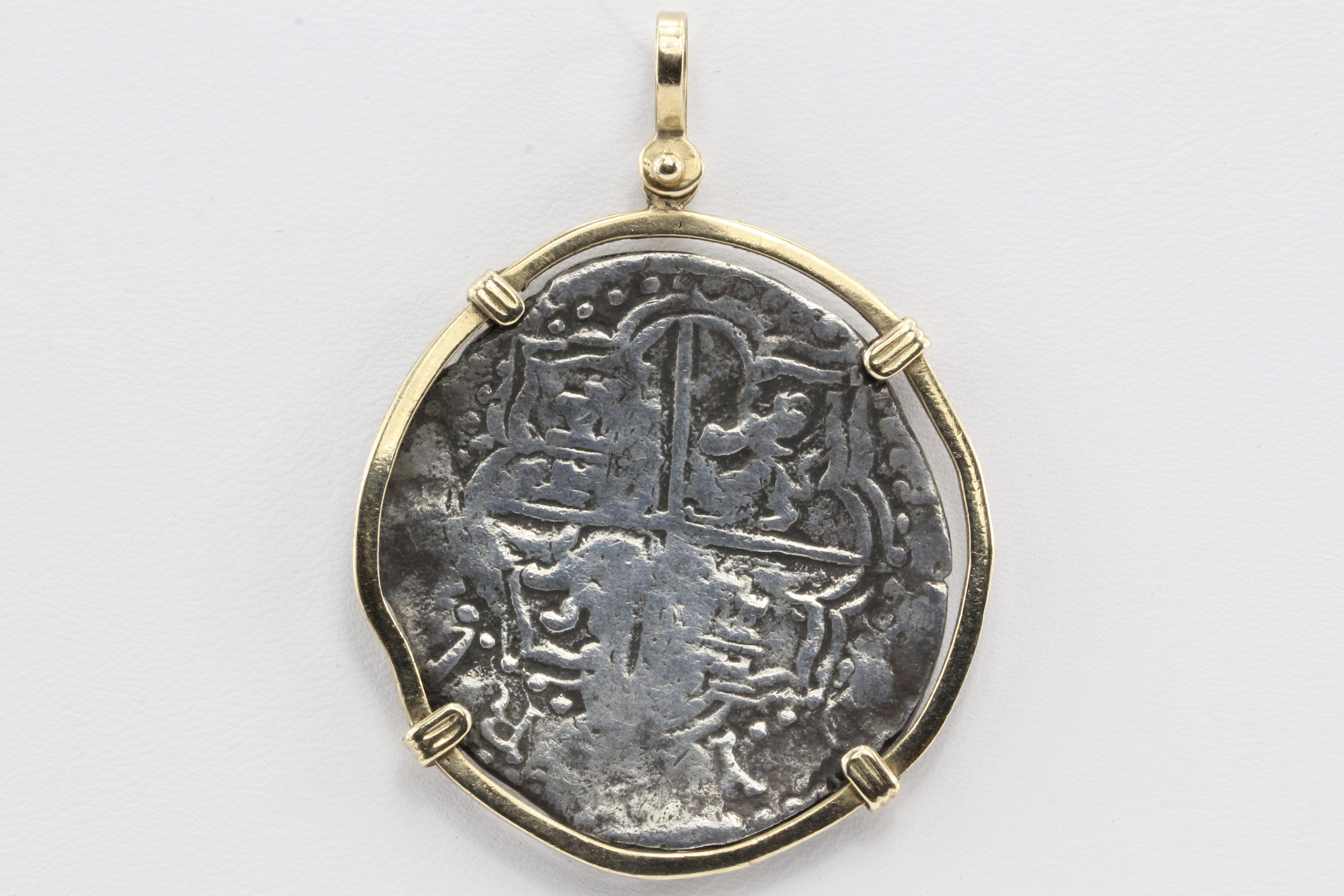 Spanish Silver 8 Reales / Piece of 8 in 14K Gold Bezel Pendant - Queen May
