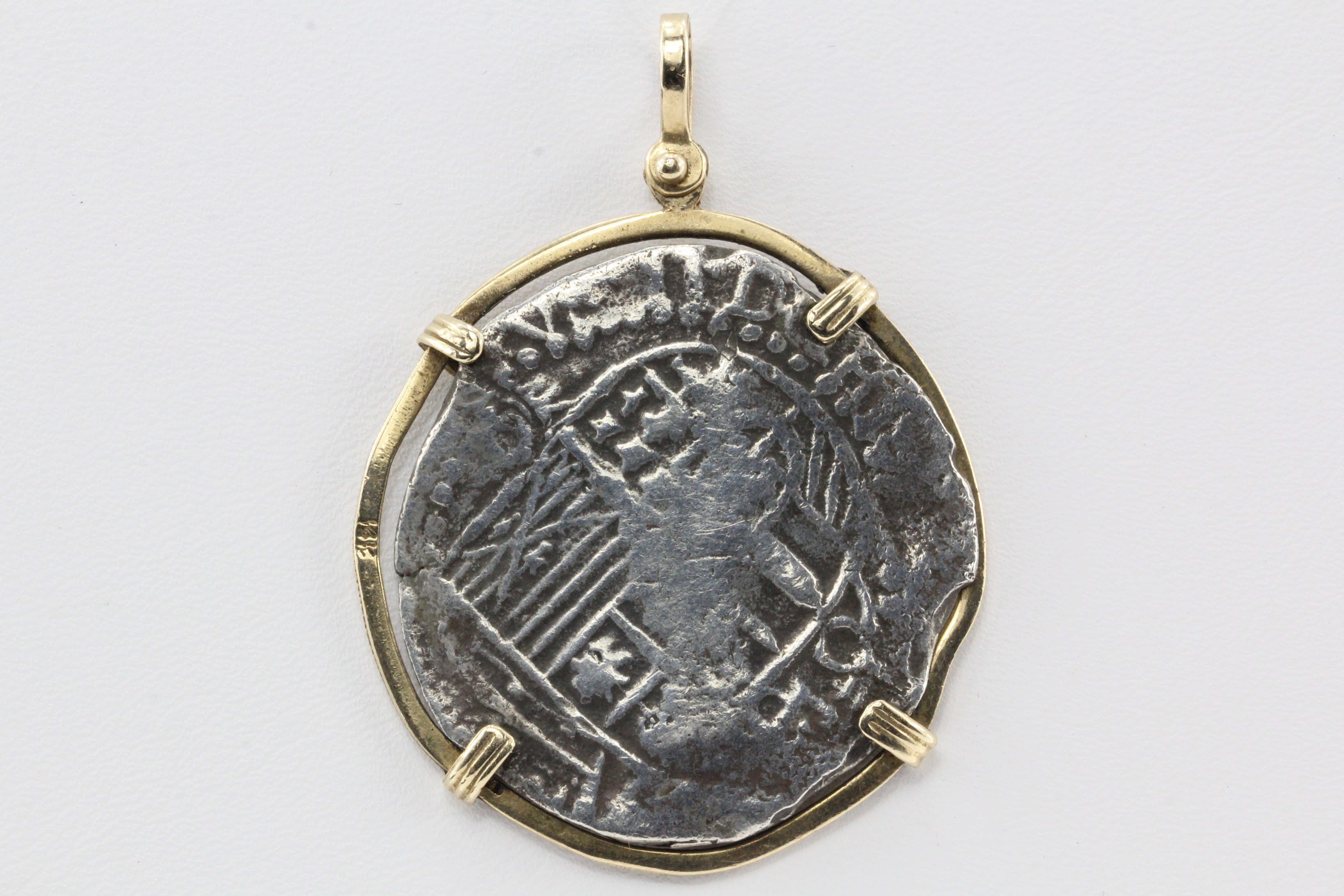 Spanish Silver 8 Reales / Piece of 8 in 14K Gold Bezel Pendant - Queen May