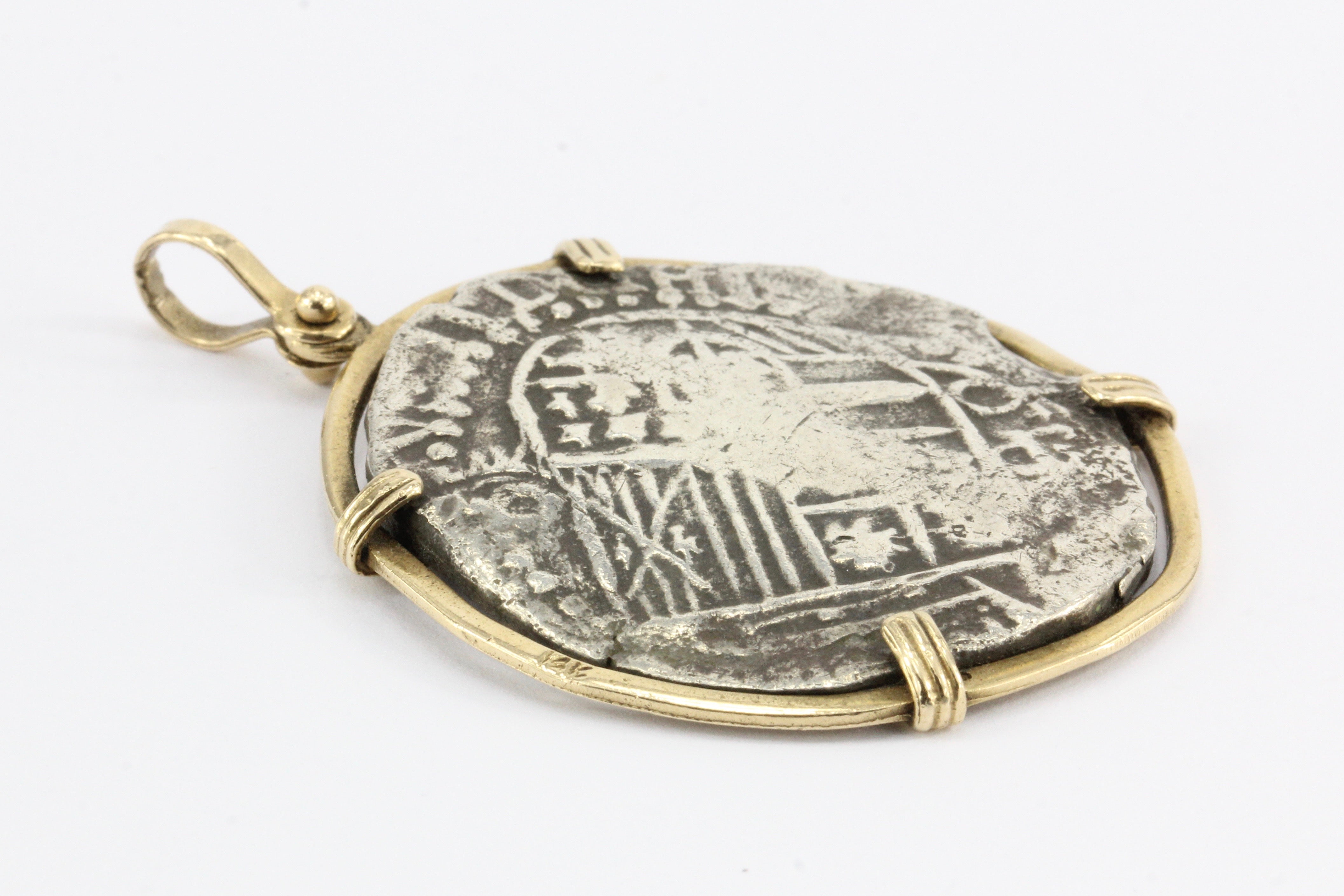 Spanish Silver 8 Reales / Piece of 8 in 14K Gold Bezel Pendant - Queen May