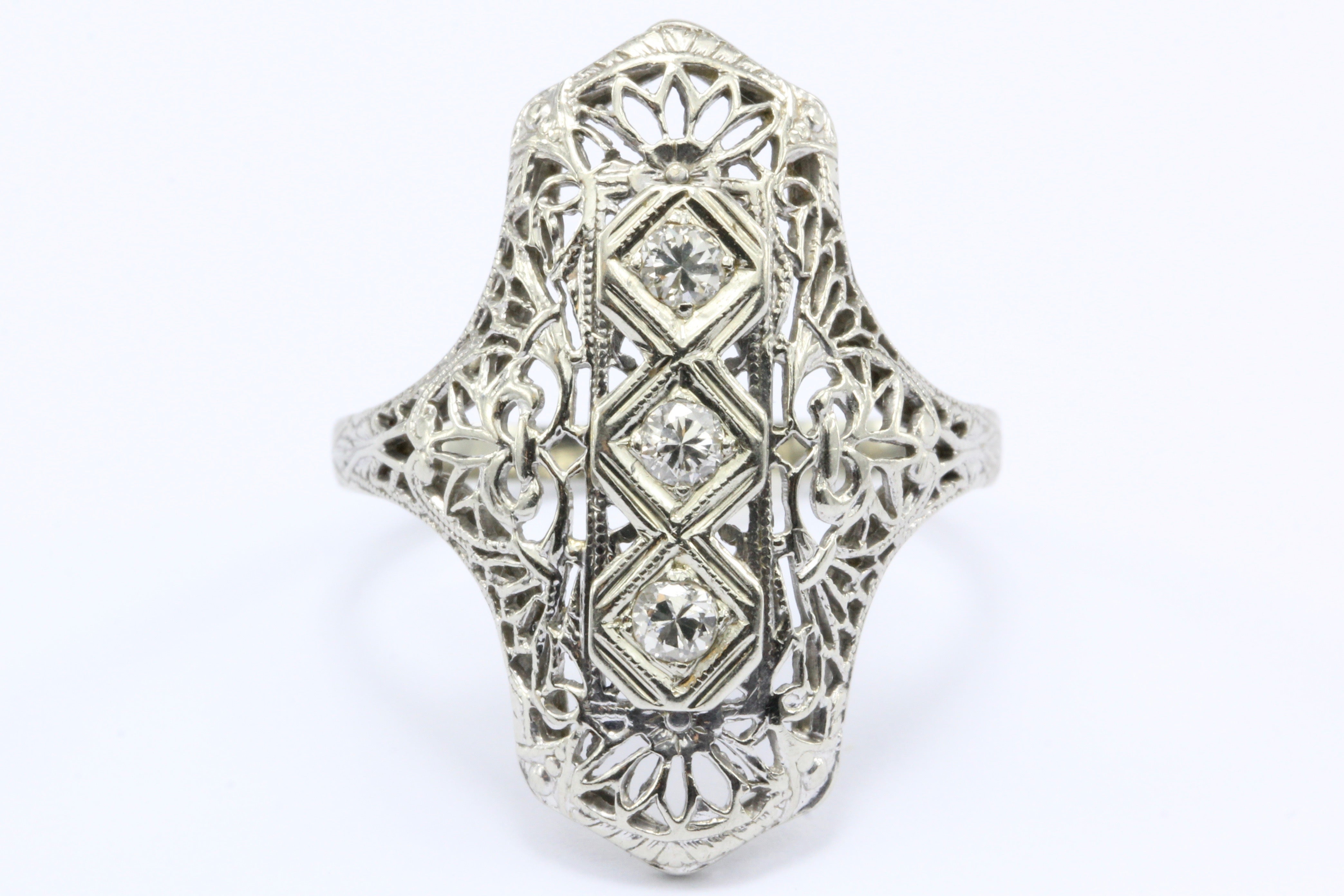 Art Deco 14K White Gold 3 Stone Old European Diamond Ring C.1920's - Queen May