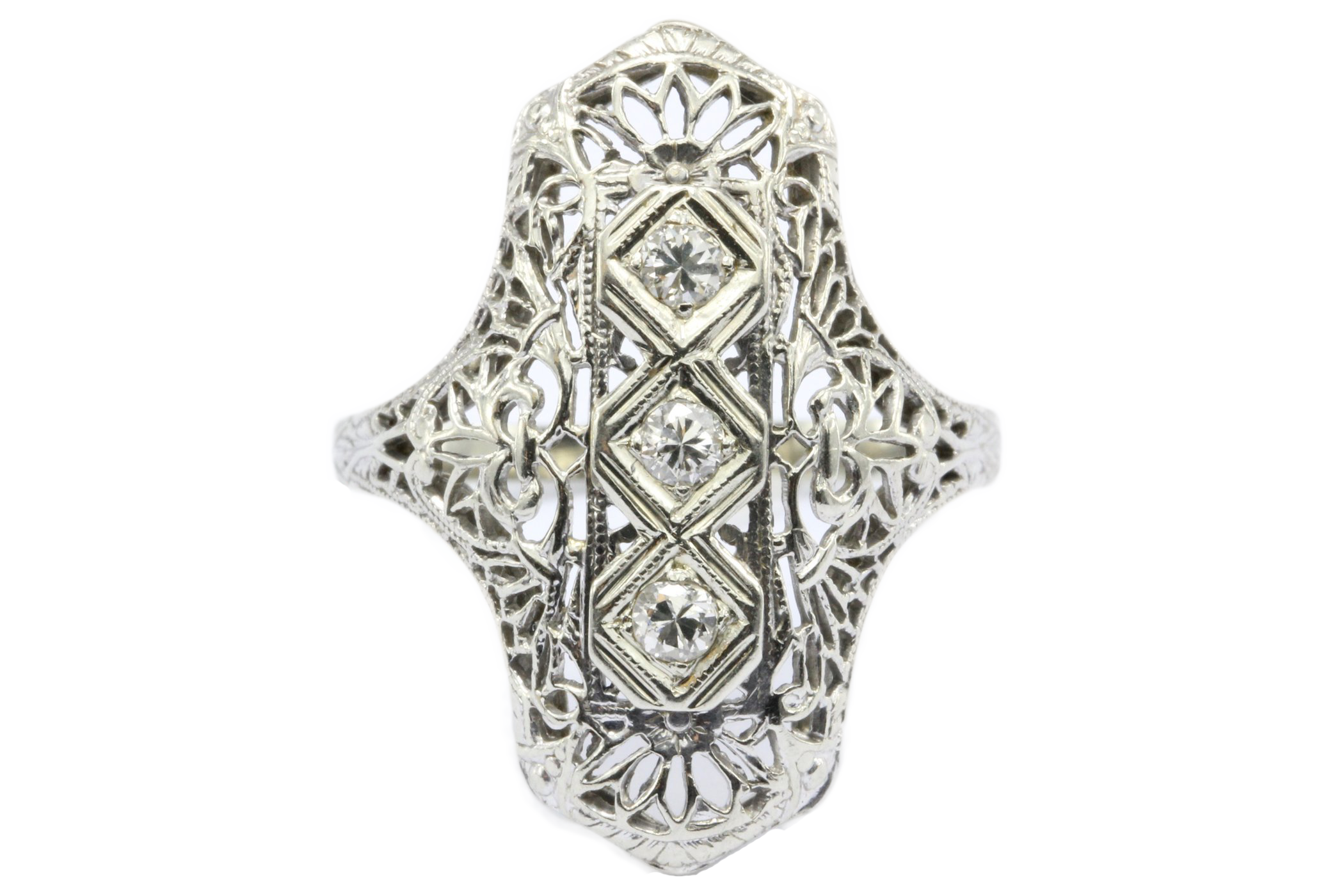 Art Deco 14K White Gold 3 Stone Old European Diamond Ring C.1920's - Queen May