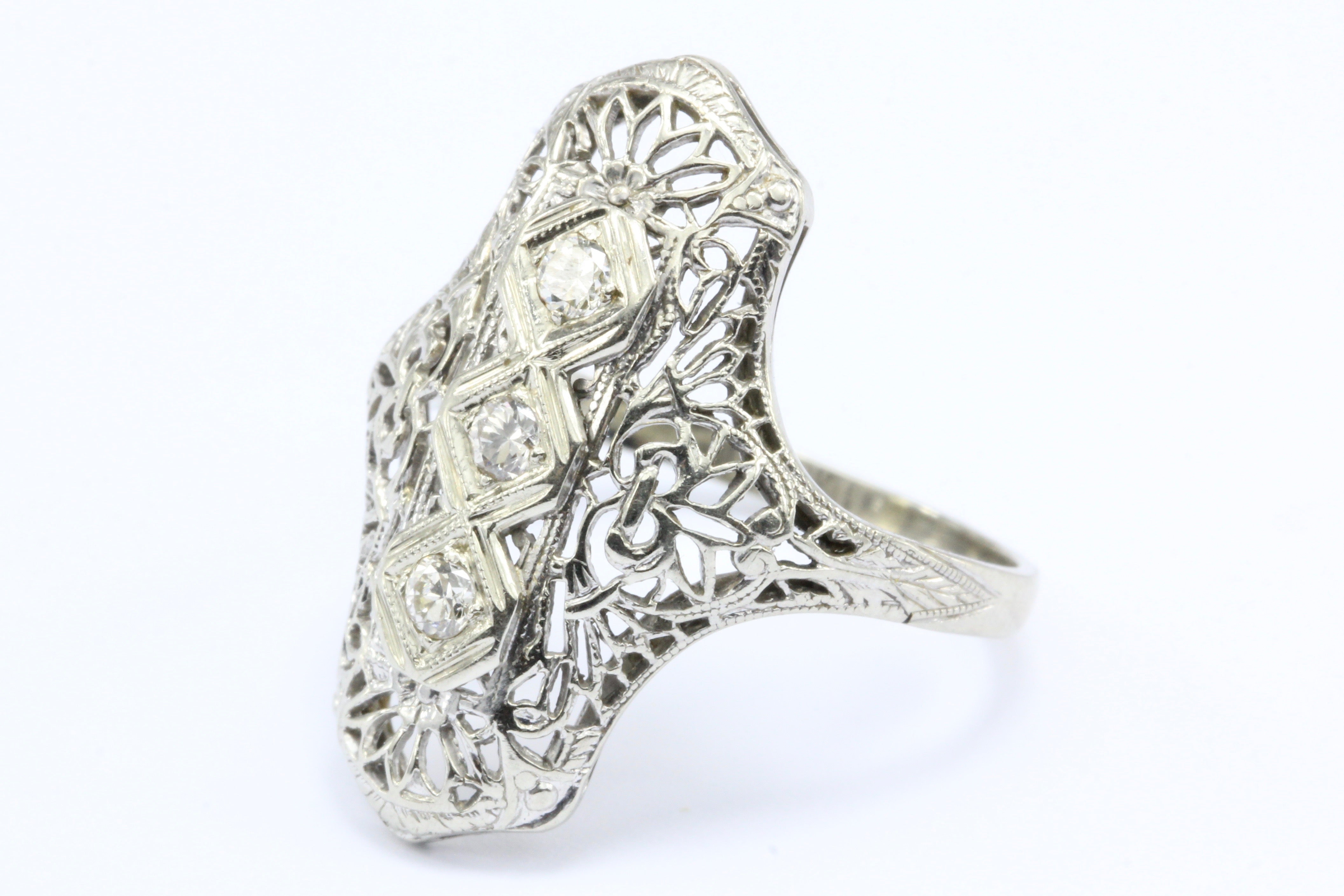 Art Deco 14K White Gold 3 Stone Old European Diamond Ring C.1920's - Queen May