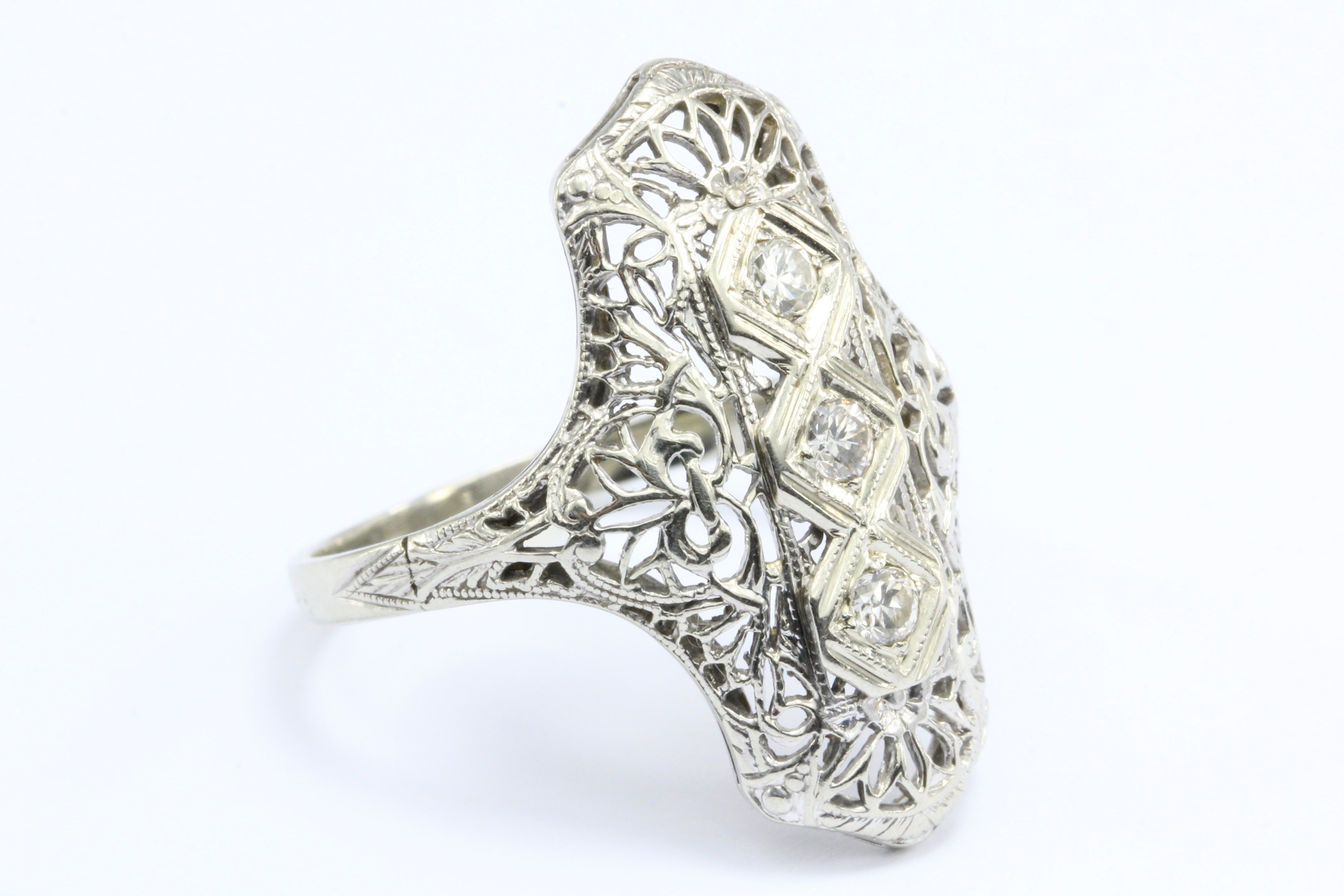 Art Deco 14K White Gold 3 Stone Old European Diamond Ring C.1920's - Queen May