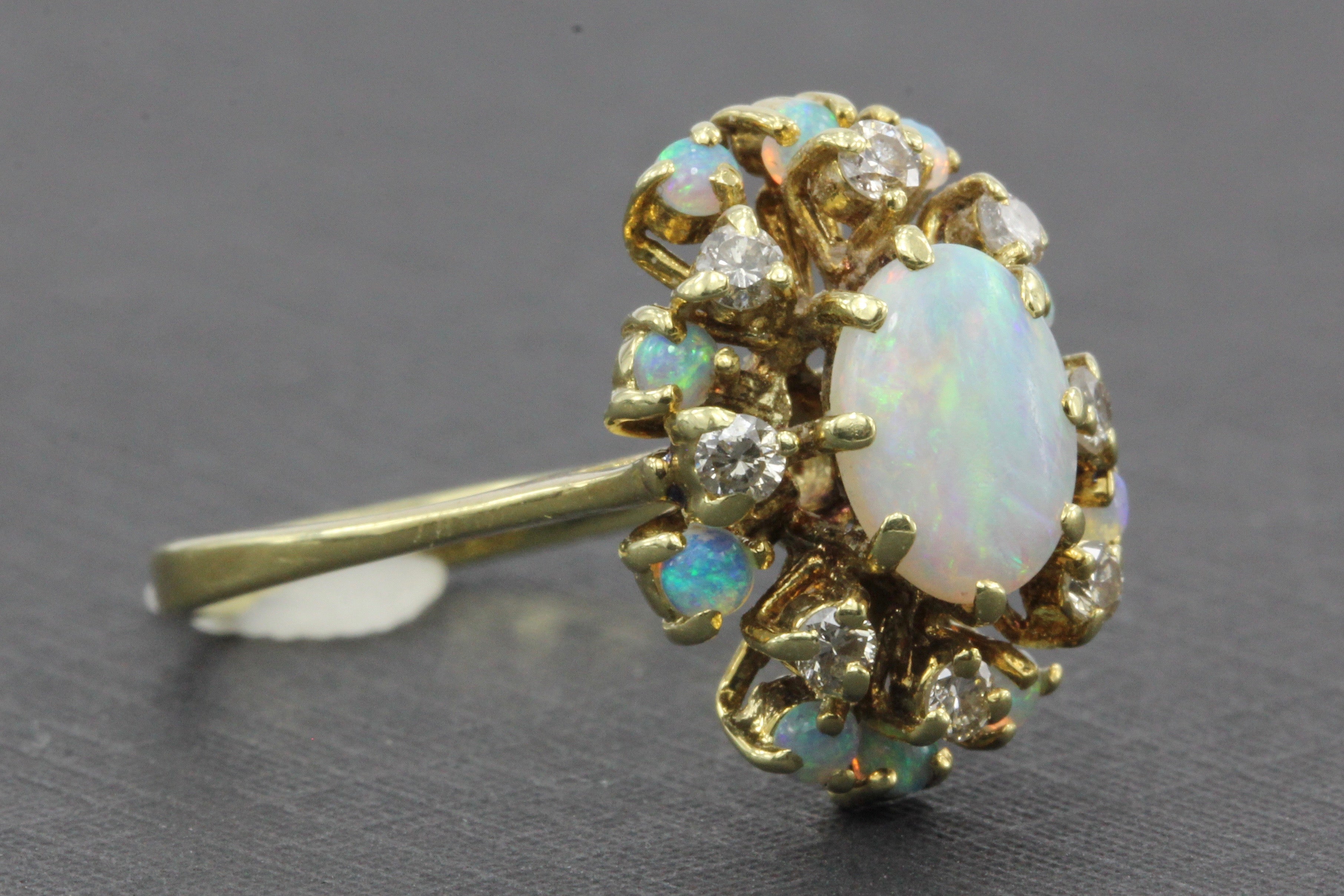 Retro 14K Gold Opal Diamond Cluster Ring c.1950's - Queen May