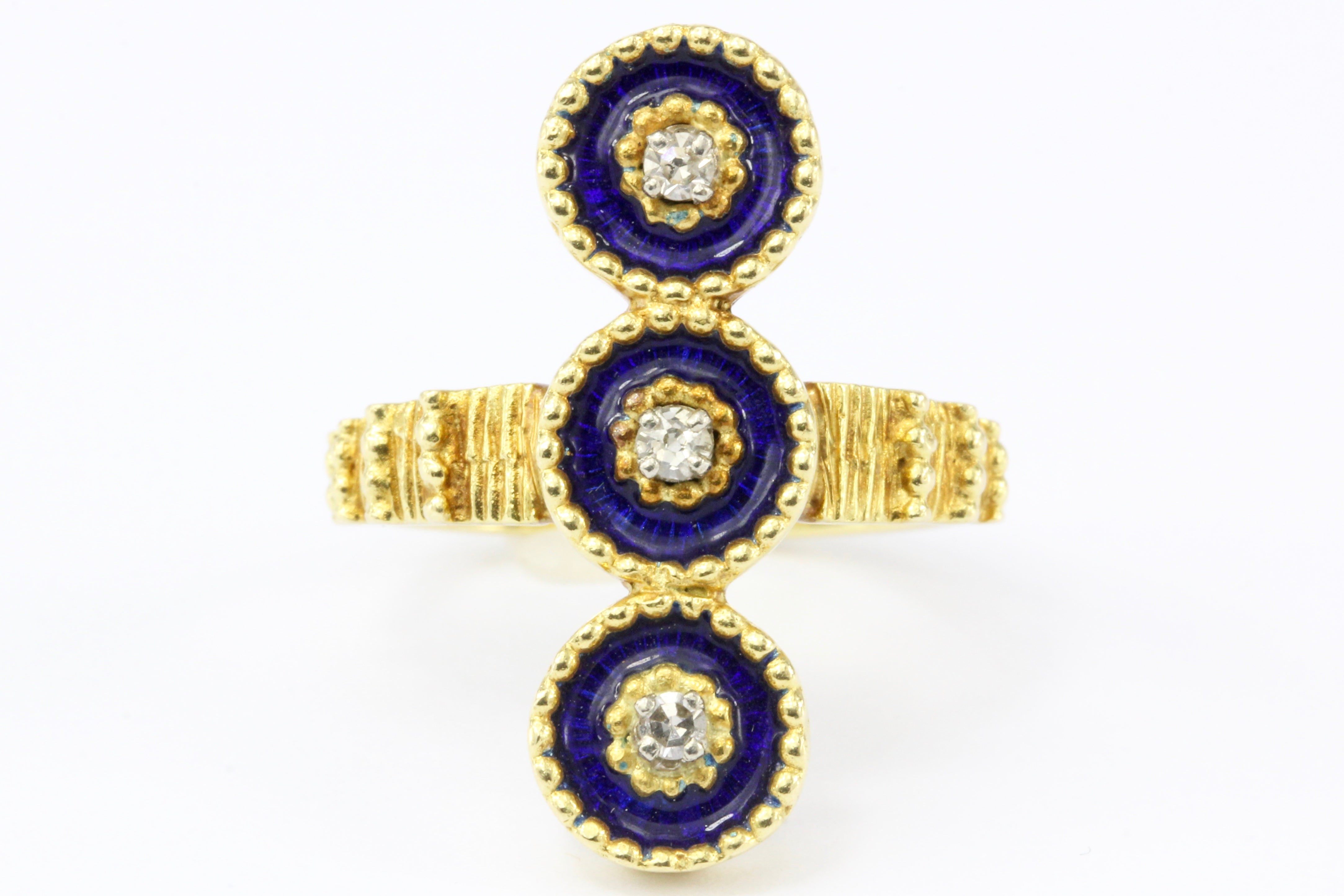 Antique 22K Yellow Gold Blue Enamel and Diamond Ring - Queen May