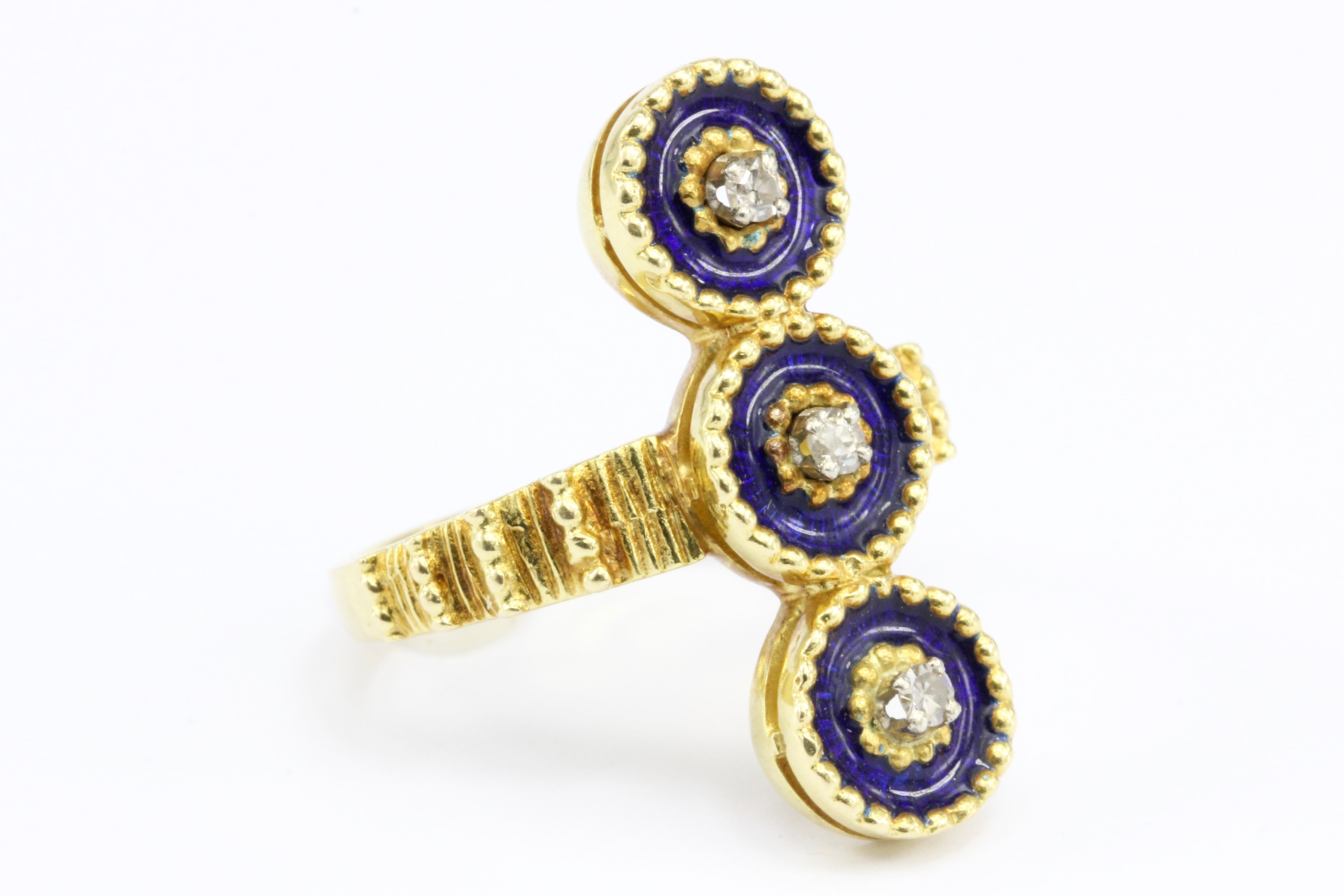 Antique 22K Yellow Gold Blue Enamel and Diamond Ring - Queen May