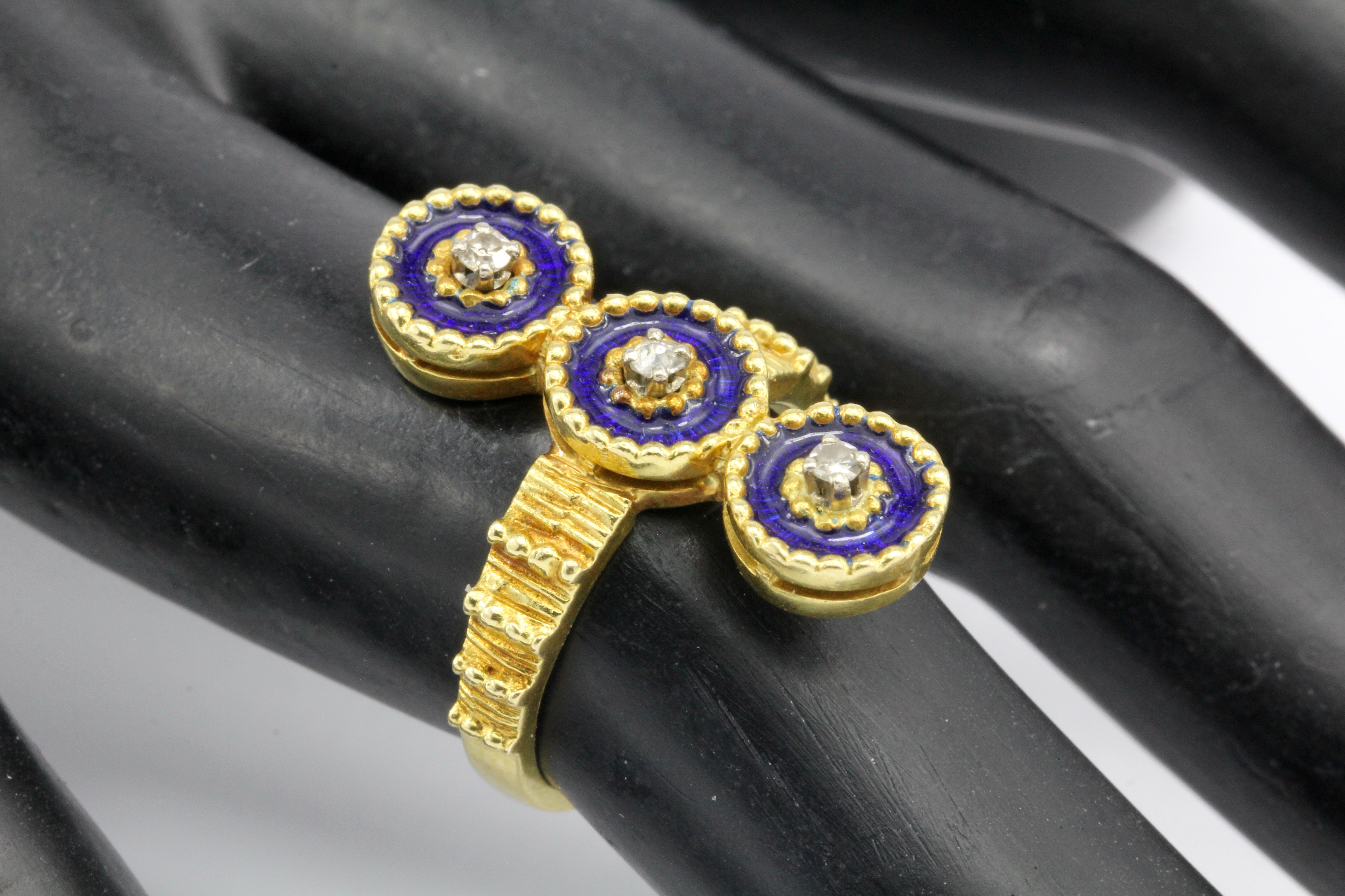 Antique 22K Yellow Gold Blue Enamel and Diamond Ring - Queen May