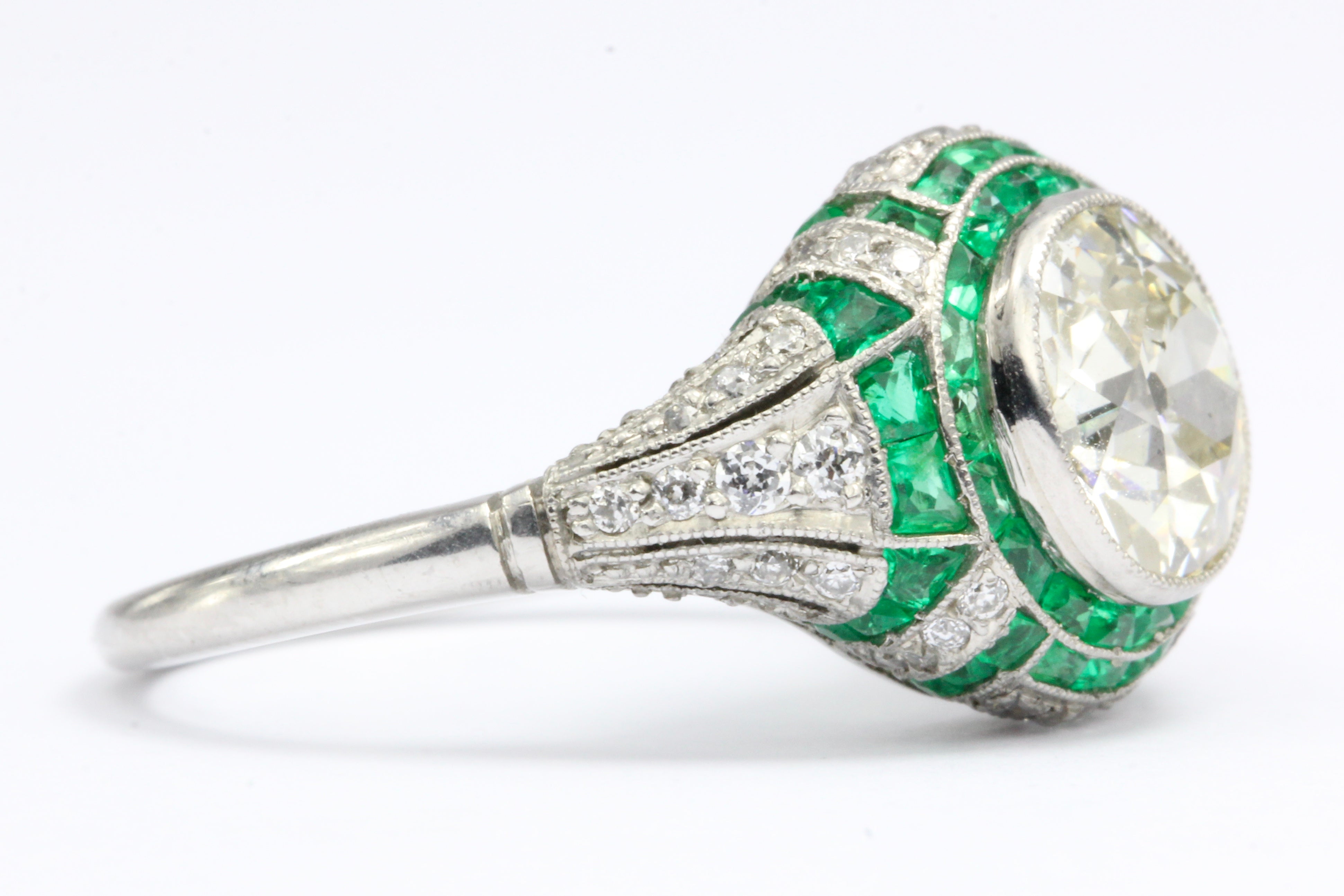 Art Deco Revival Platinum 1.66 CT Diamond and Emerald Ring size 5.5 - Queen May