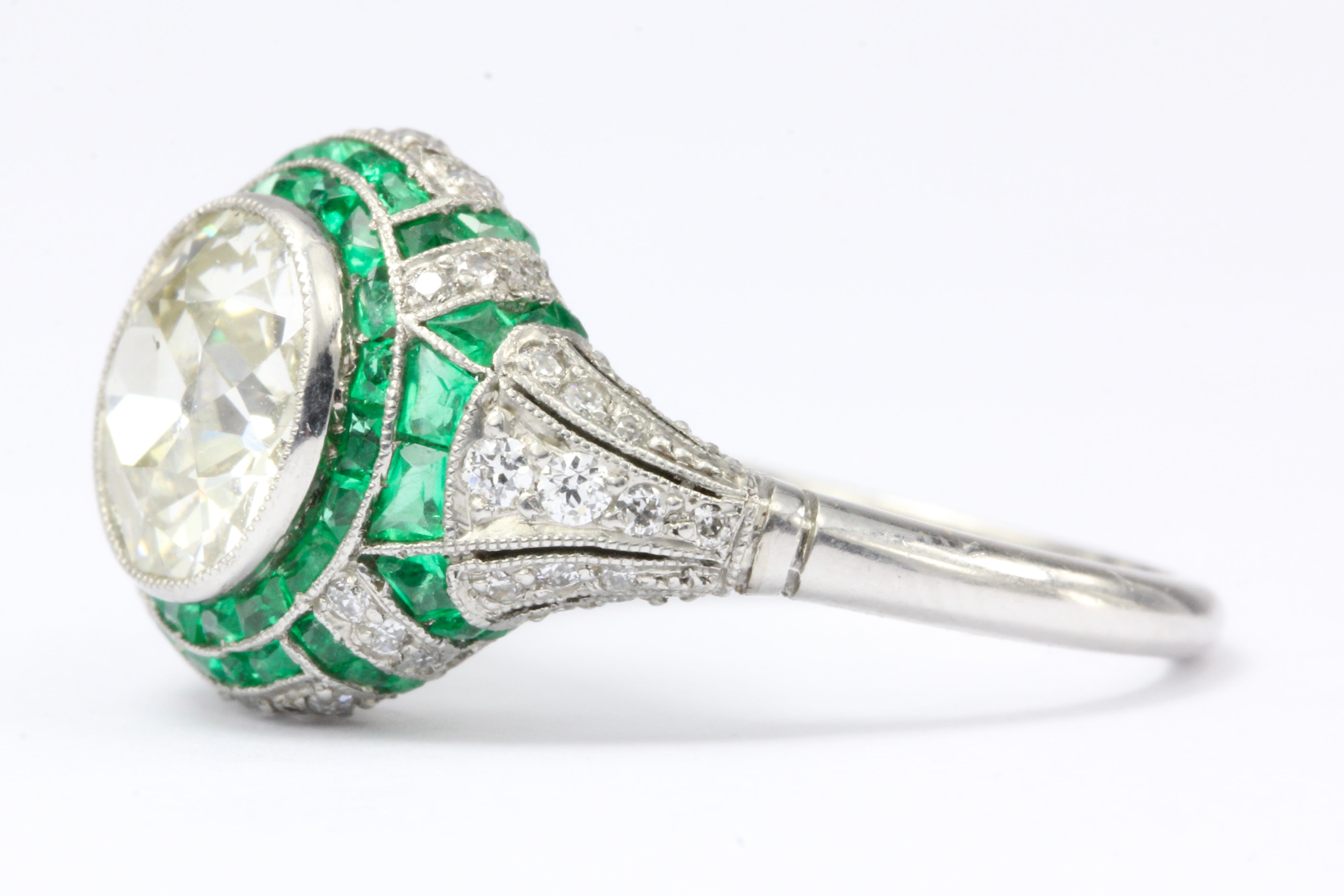 Art Deco Revival Platinum 1.66 CT Diamond and Emerald Ring size 5.5 - Queen May