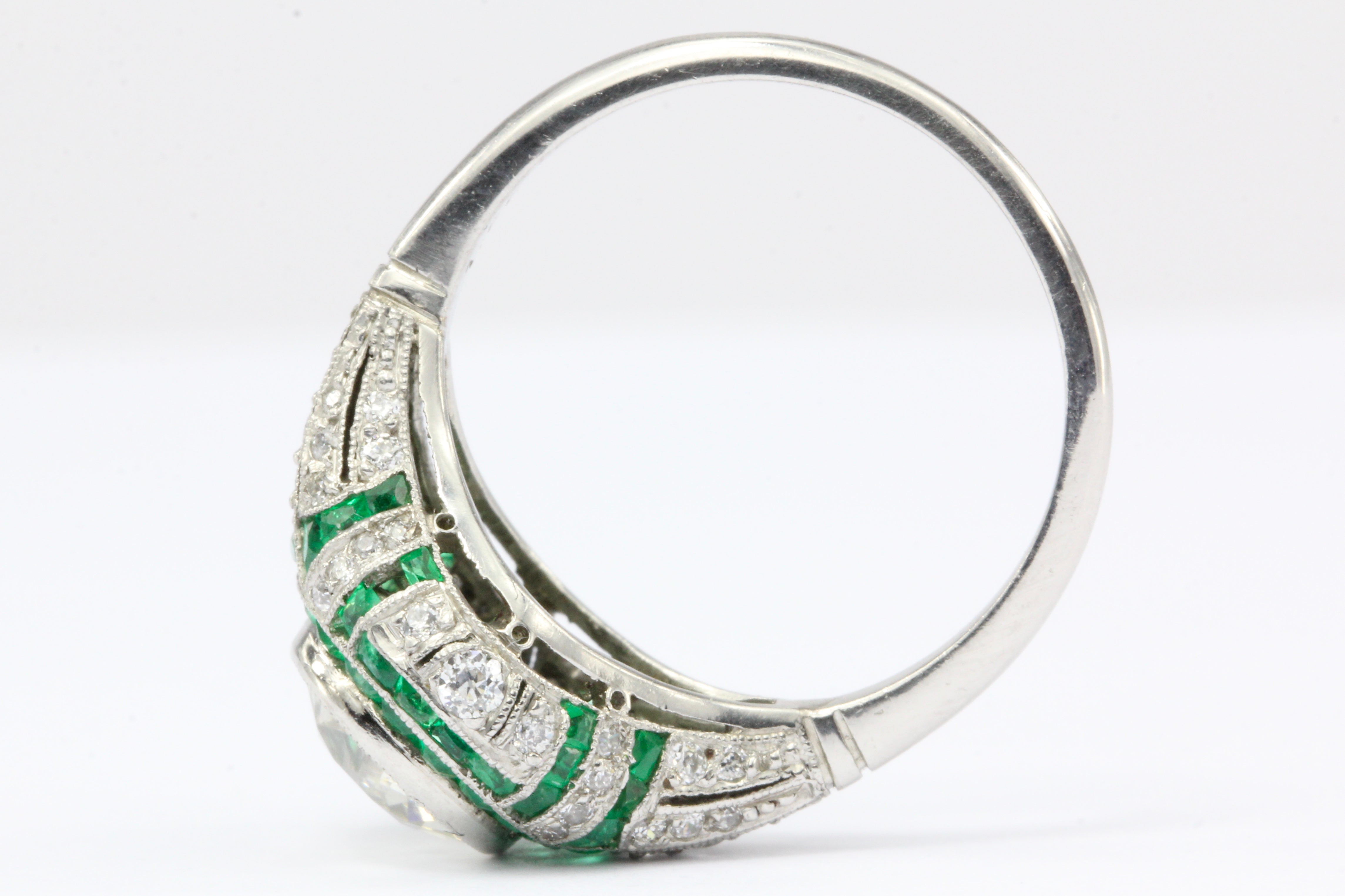 Art Deco Revival Platinum 1.66 CT Diamond and Emerald Ring size 5.5 - Queen May