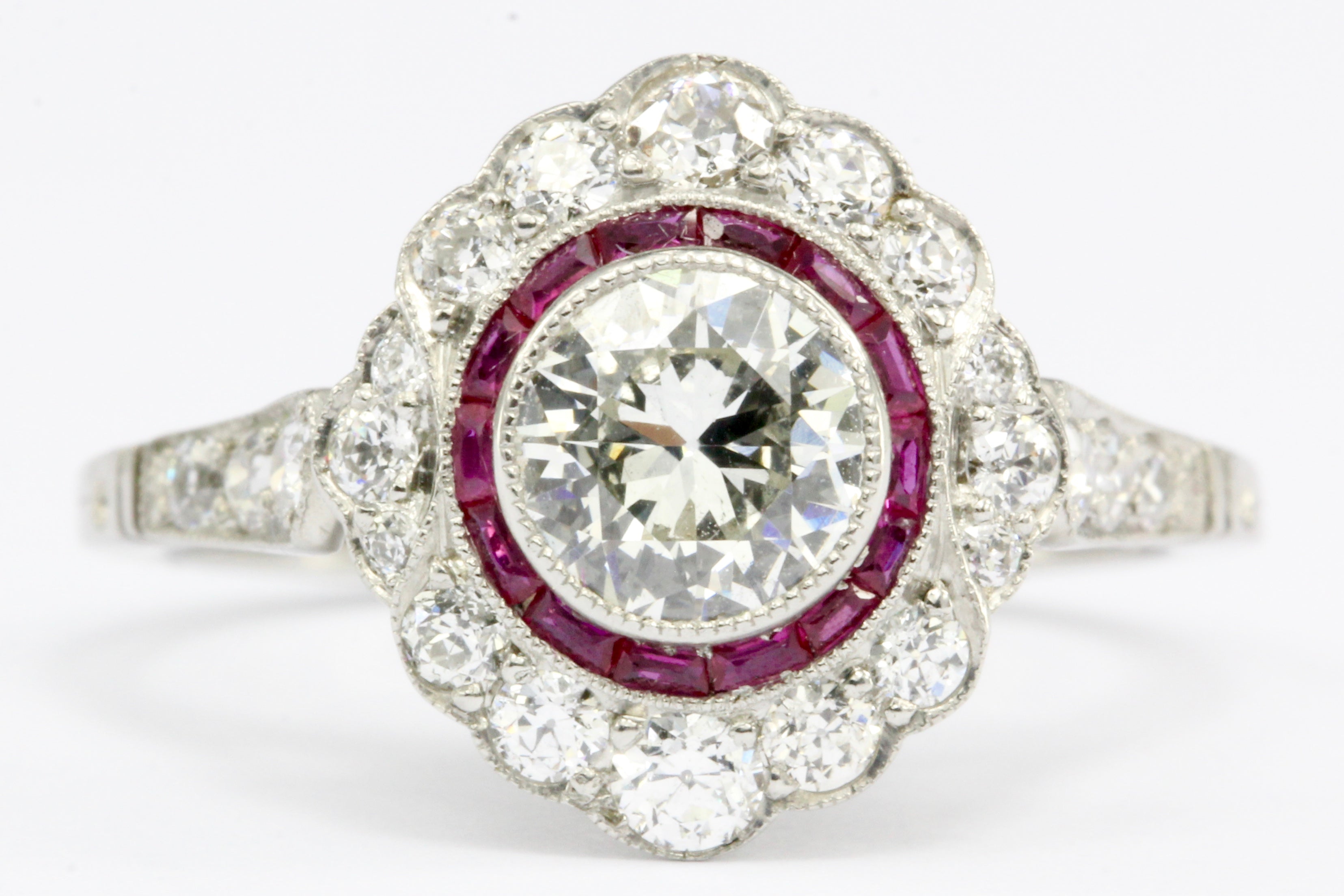 Edwardian Style Platinum .63 CT Diamond Ruby Halo Handmade Ring Size 6 - Queen May