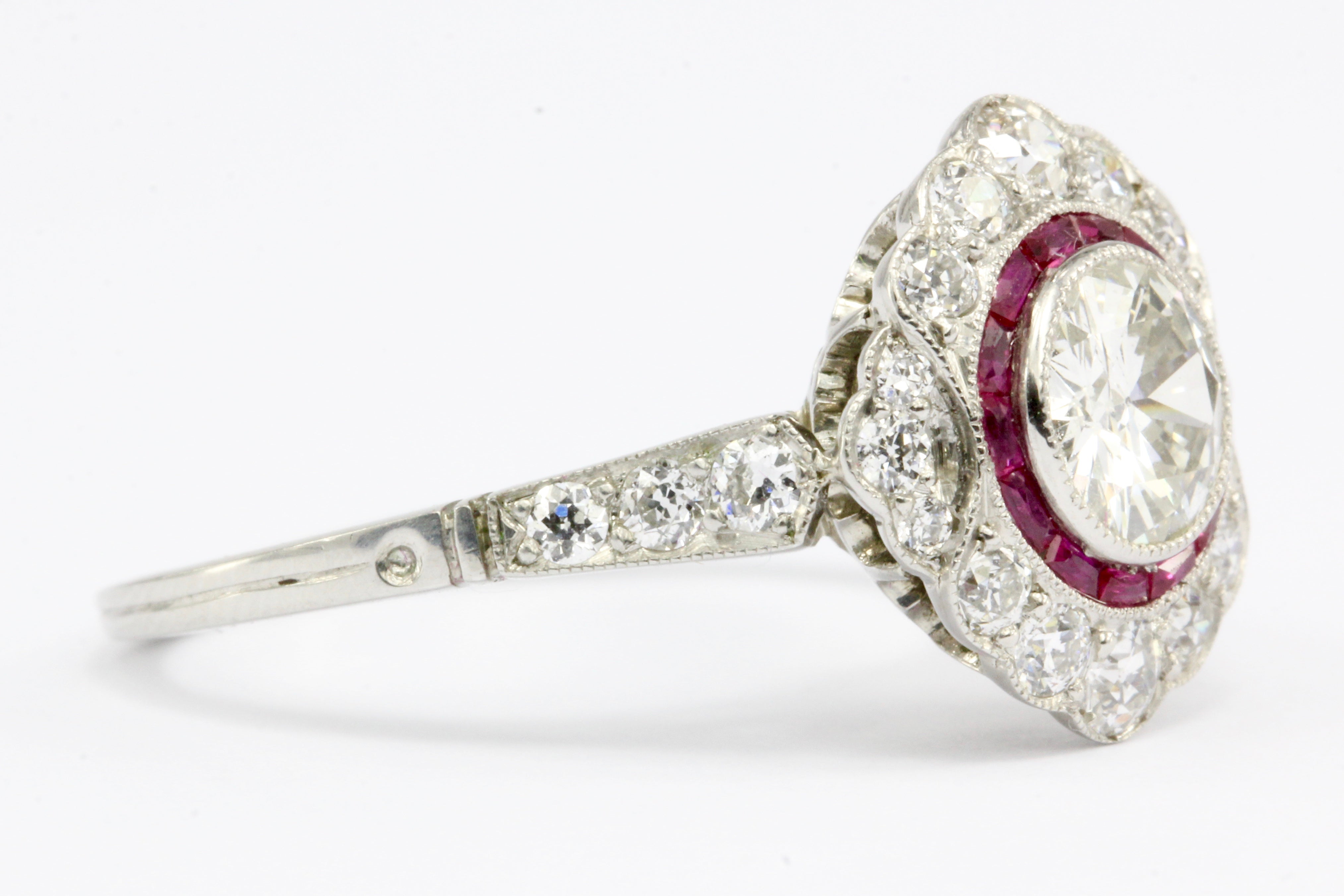 Edwardian Style Platinum .63 CT Diamond Ruby Halo Handmade Ring Size 6 - Queen May