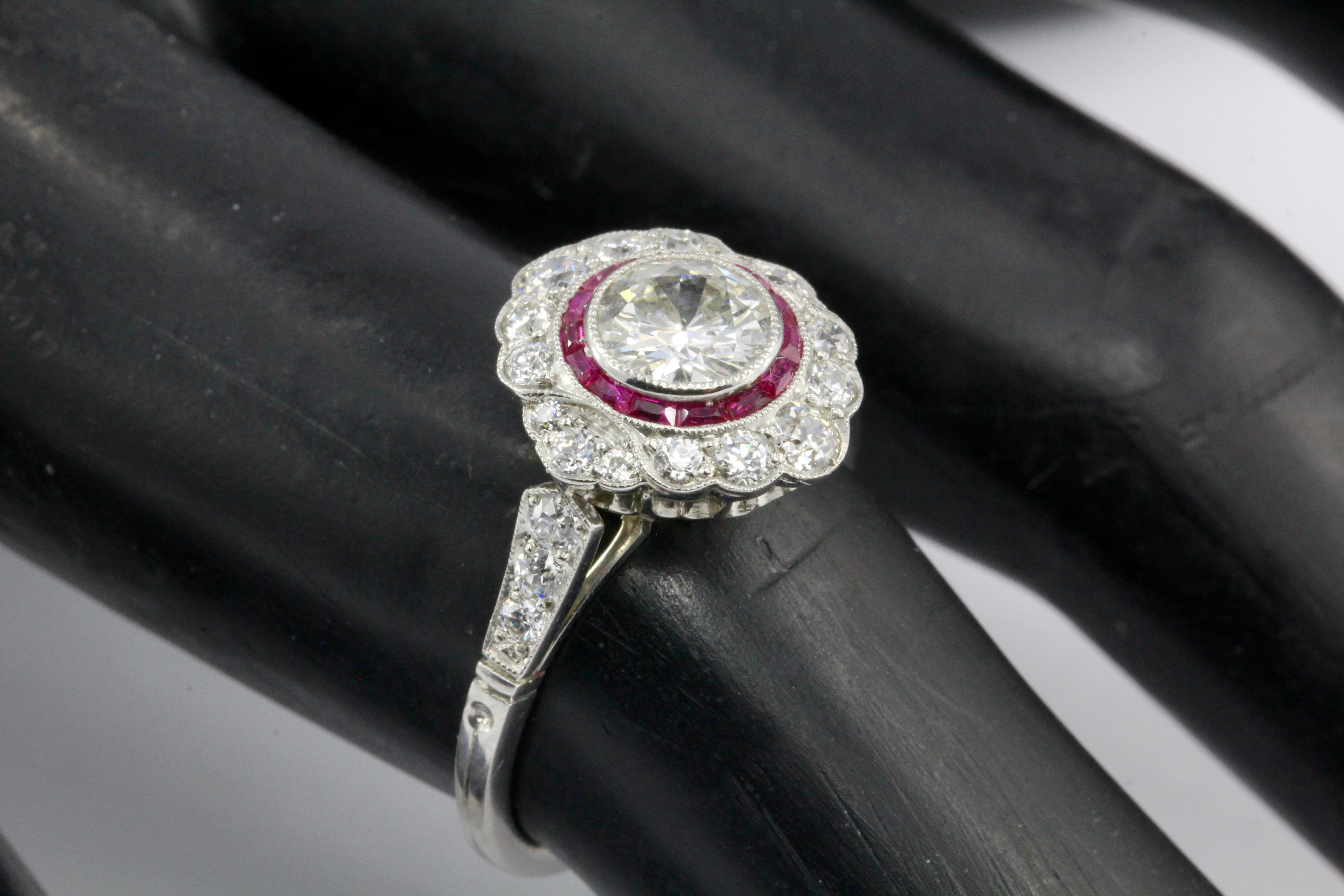Edwardian Style Platinum .63 CT Diamond Ruby Halo Handmade Ring Size 6 - Queen May