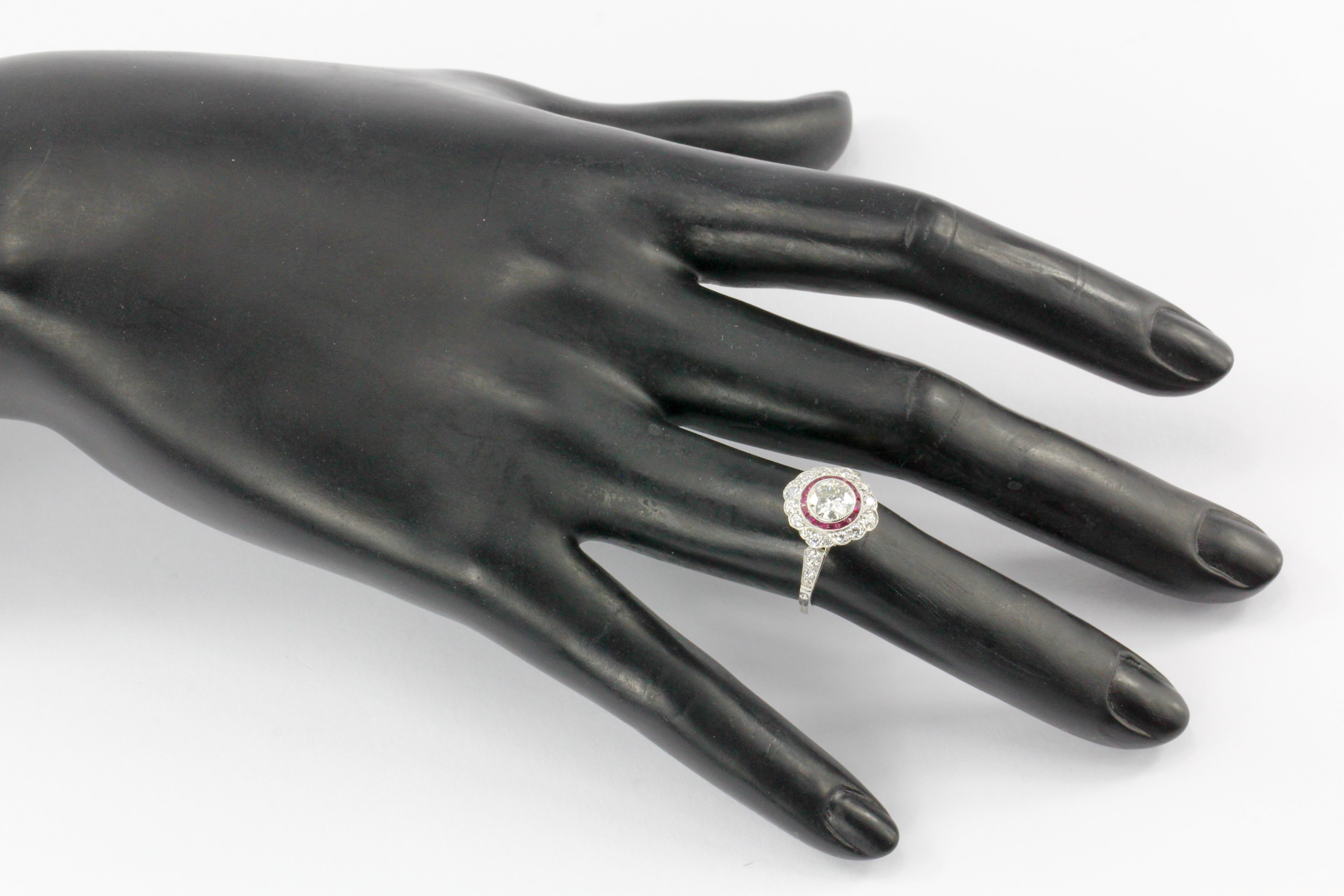 Edwardian Style Platinum .63 CT Diamond Ruby Halo Handmade Ring Size 6 - Queen May