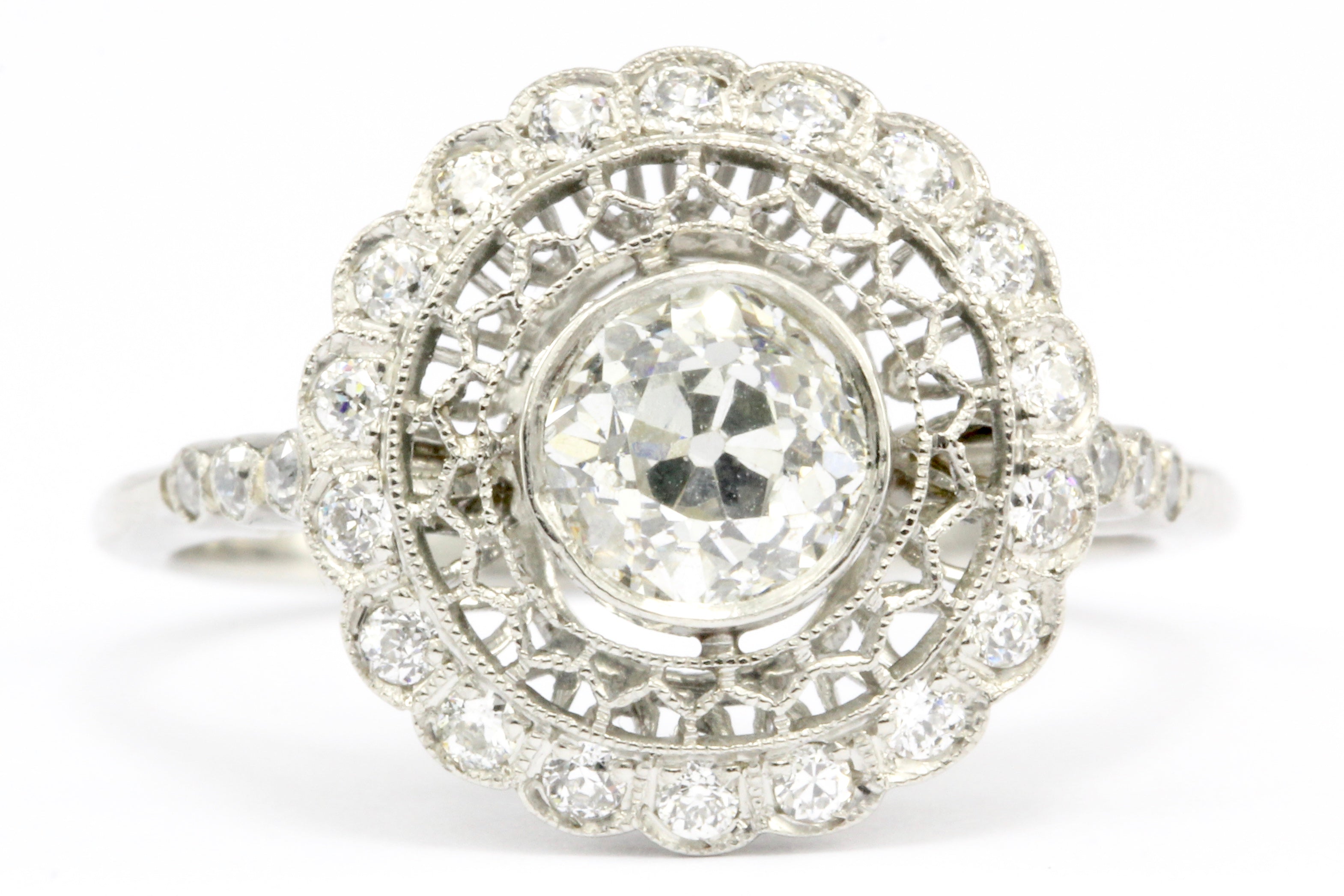 Edwardian Style Handmade Platinum Old European Cut Diamond Halo Ring Size 6.5 - Queen May