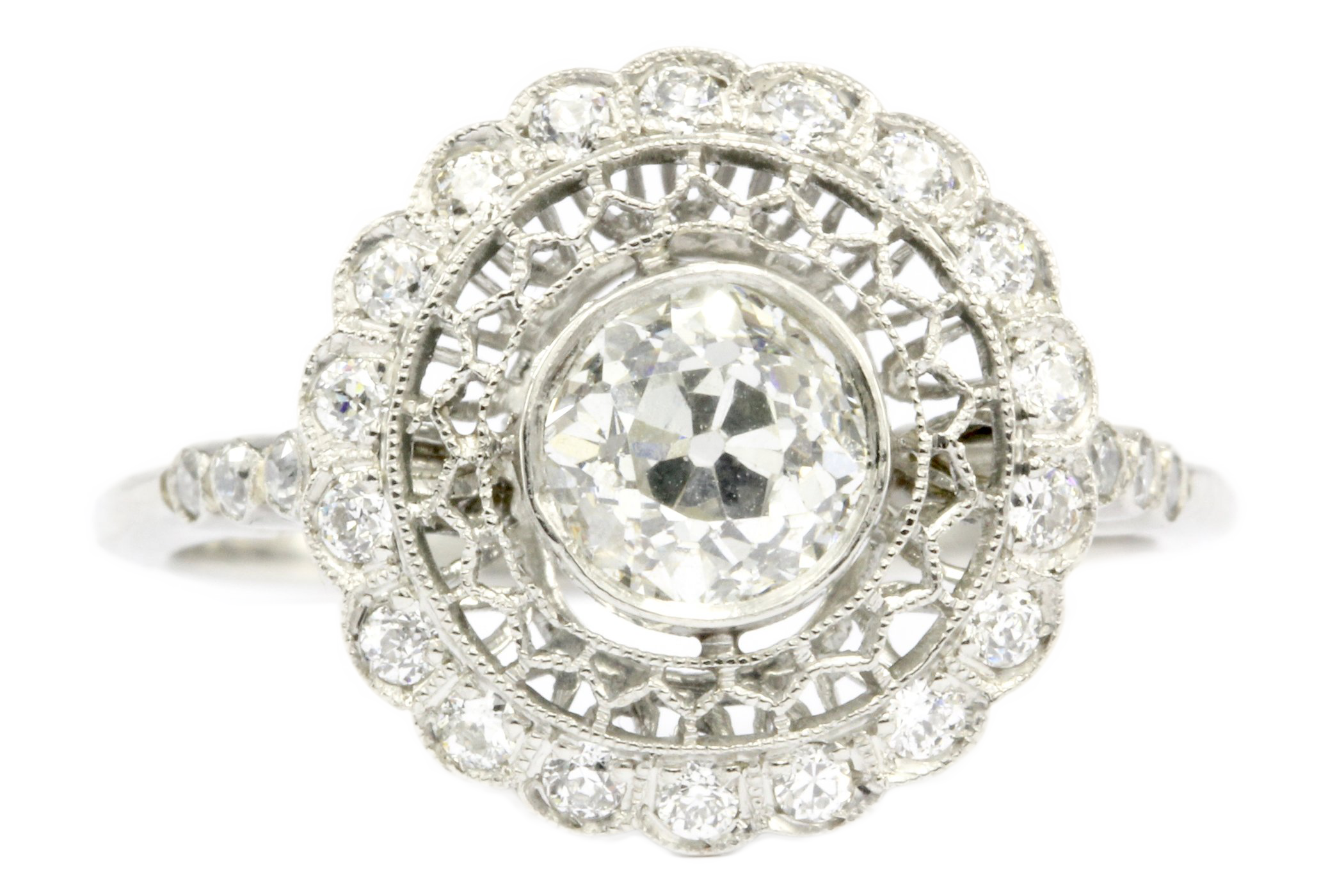 Edwardian Style Handmade Platinum Old European Cut Diamond Halo Ring Size 6.5 - Queen May